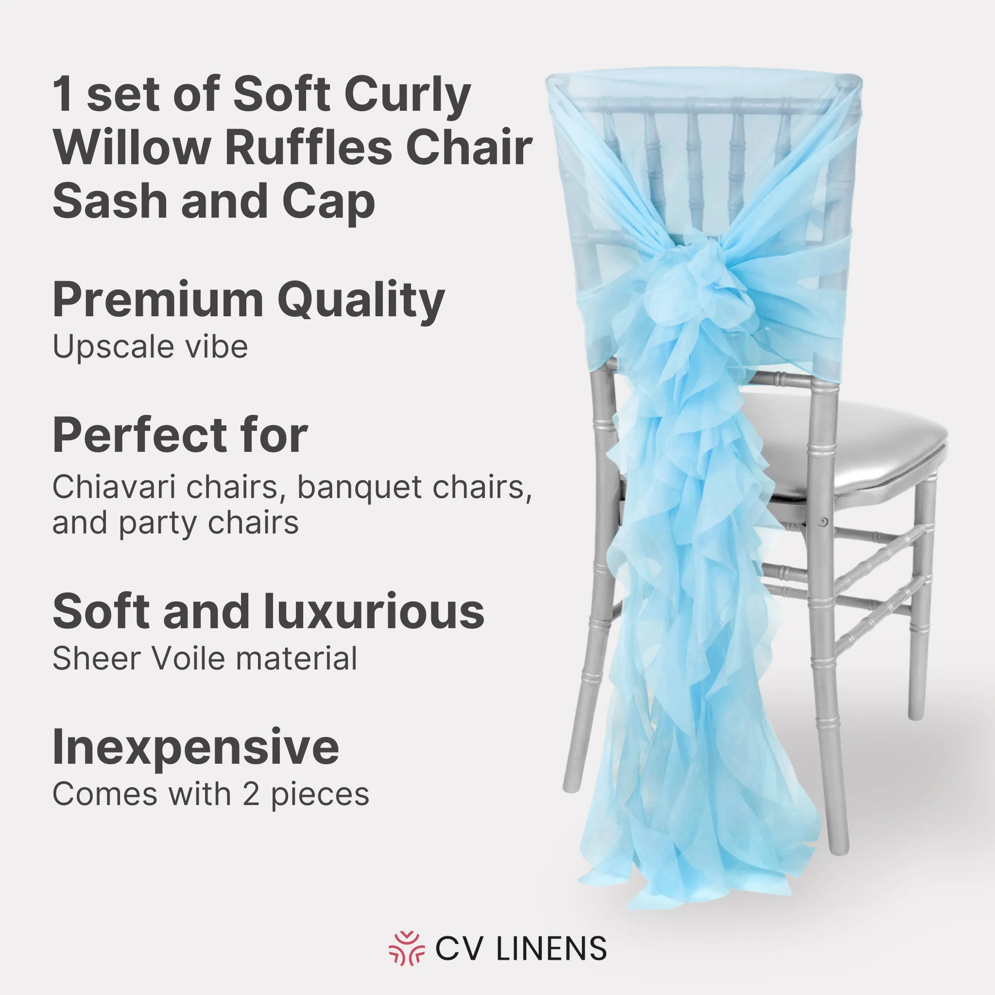 1 Set of Soft Curly Willow Ruffles Chair Sash & Cap - Baby Blue - Image 2