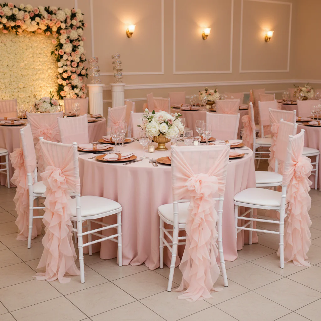 1 Set of Soft Curly Willow Ruffles Chair Sash & Cap - Blush/Rose Gold - Image 3