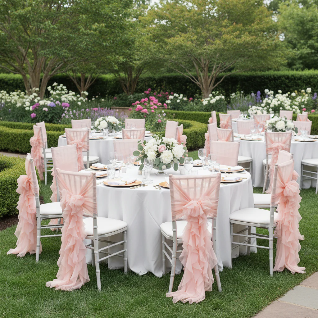 1 Set of Soft Curly Willow Ruffles Chair Sash & Cap - Blush/Rose Gold - Image 4