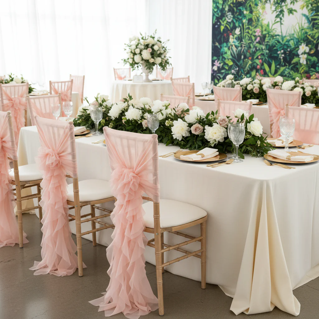 1 Set of Soft Curly Willow Ruffles Chair Sash & Cap - Blush/Rose Gold - Image 5