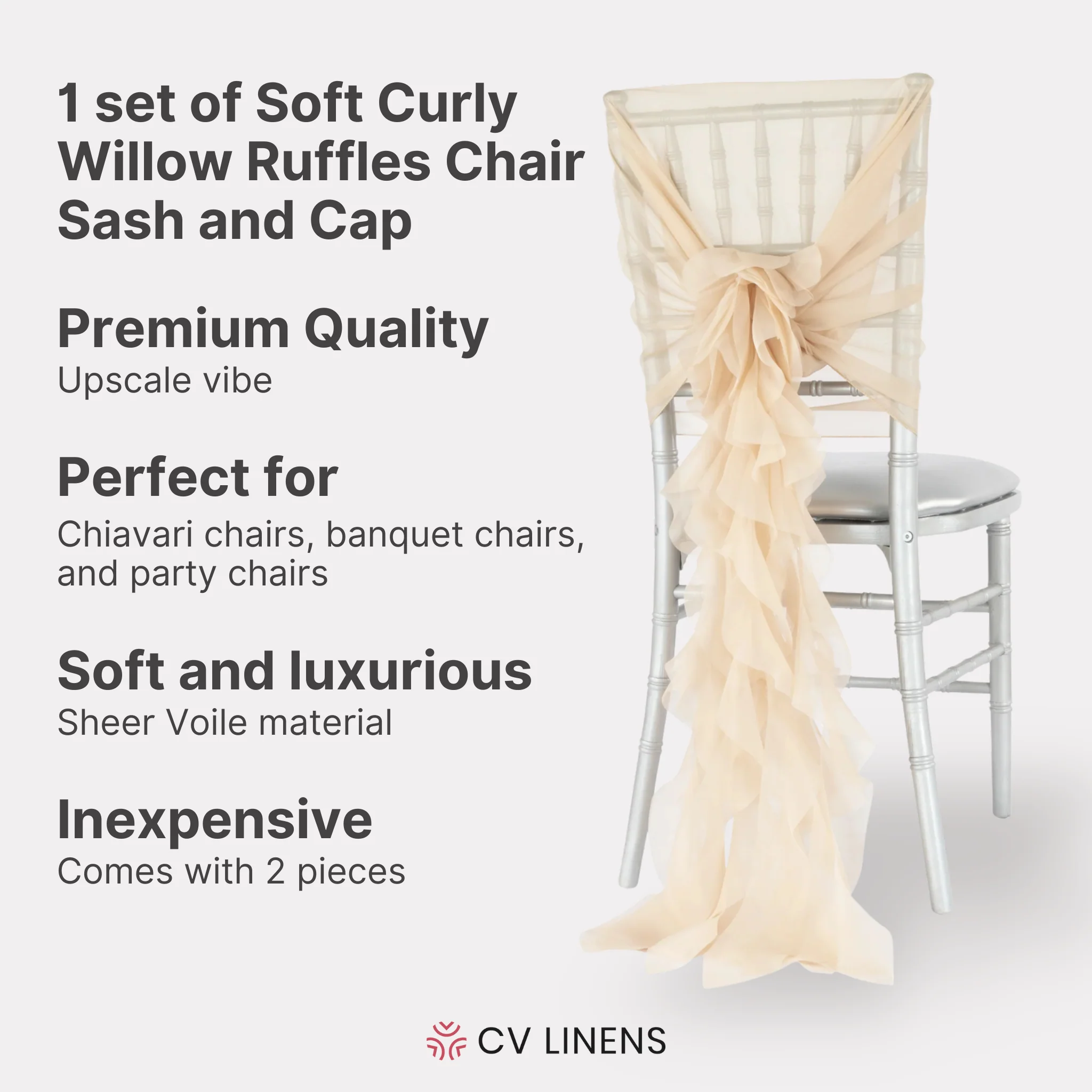 1 Set of Soft Curly Willow Ruffles Chair Sash & Cap - Champagne - Image 2
