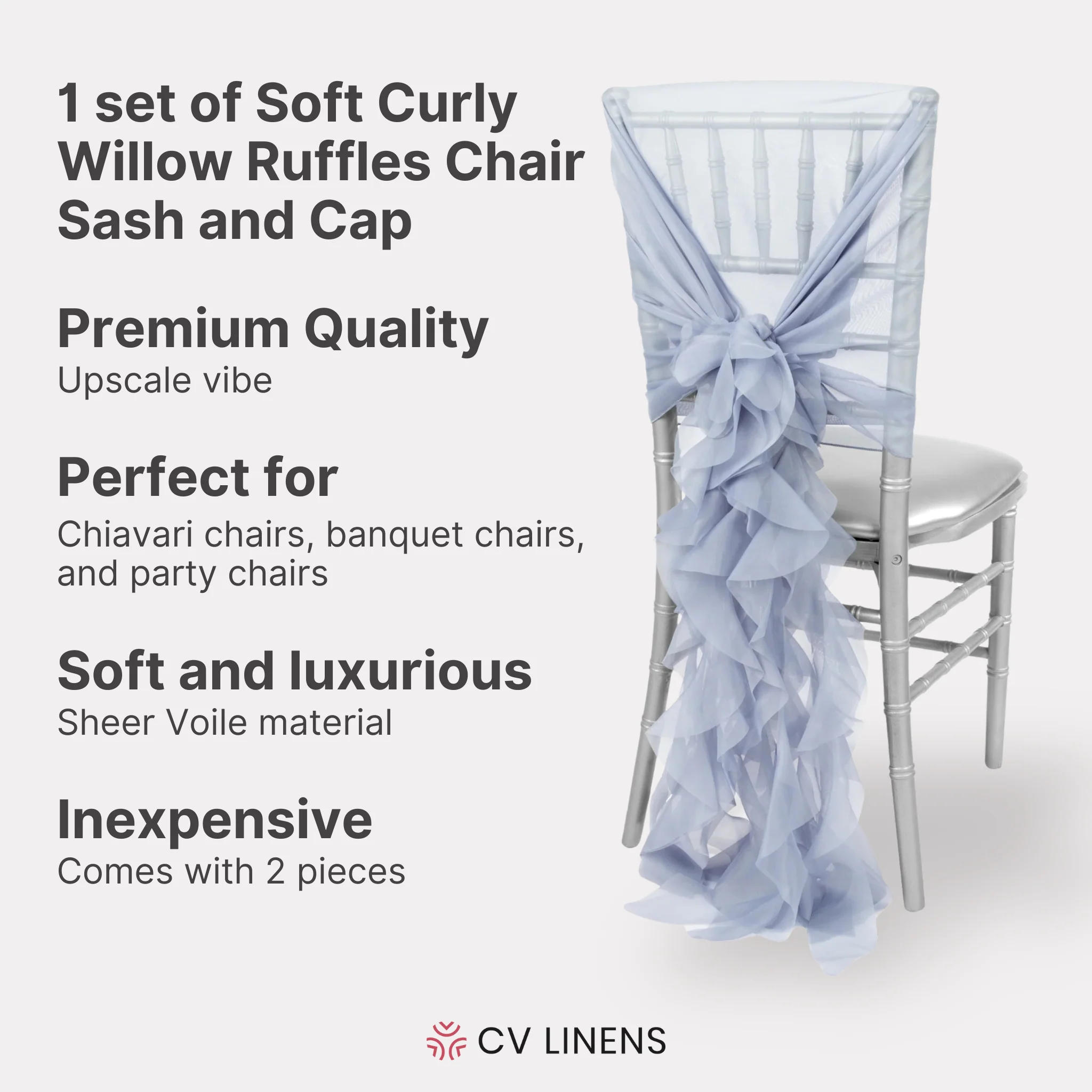 1 Set of Soft Curly Willow Ruffles Chair Sash & Cap - Dusty Blue - Image 2