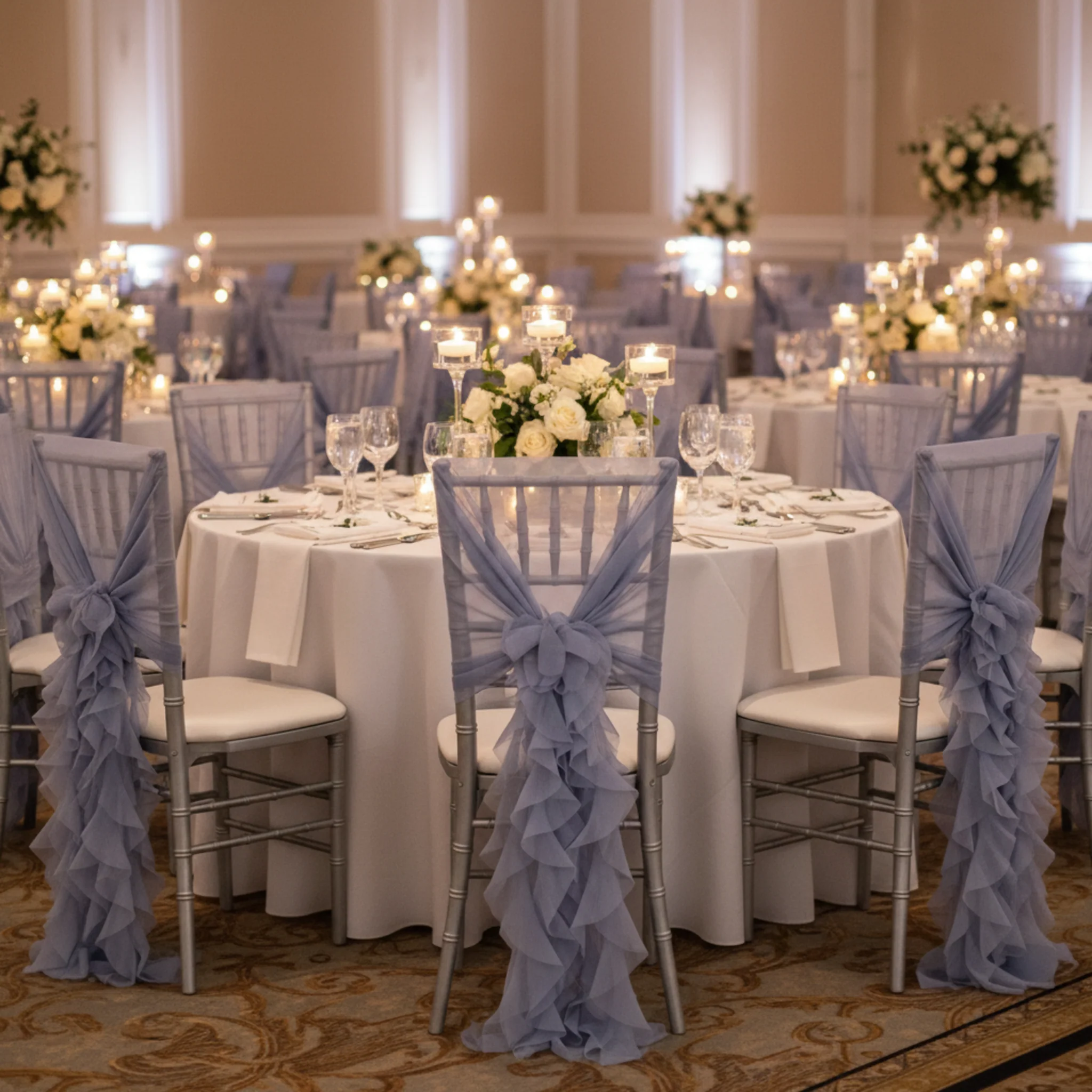 1 Set of Soft Curly Willow Ruffles Chair Sash & Cap - Dusty Blue - Image 3