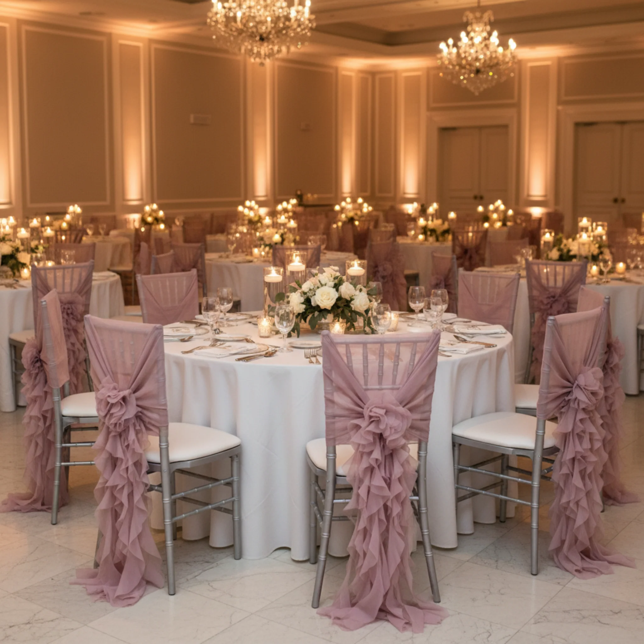1 Set of Soft Curly Willow Ruffles Chair Sash & Cap - Dusty Rose/Mauve - Image 4