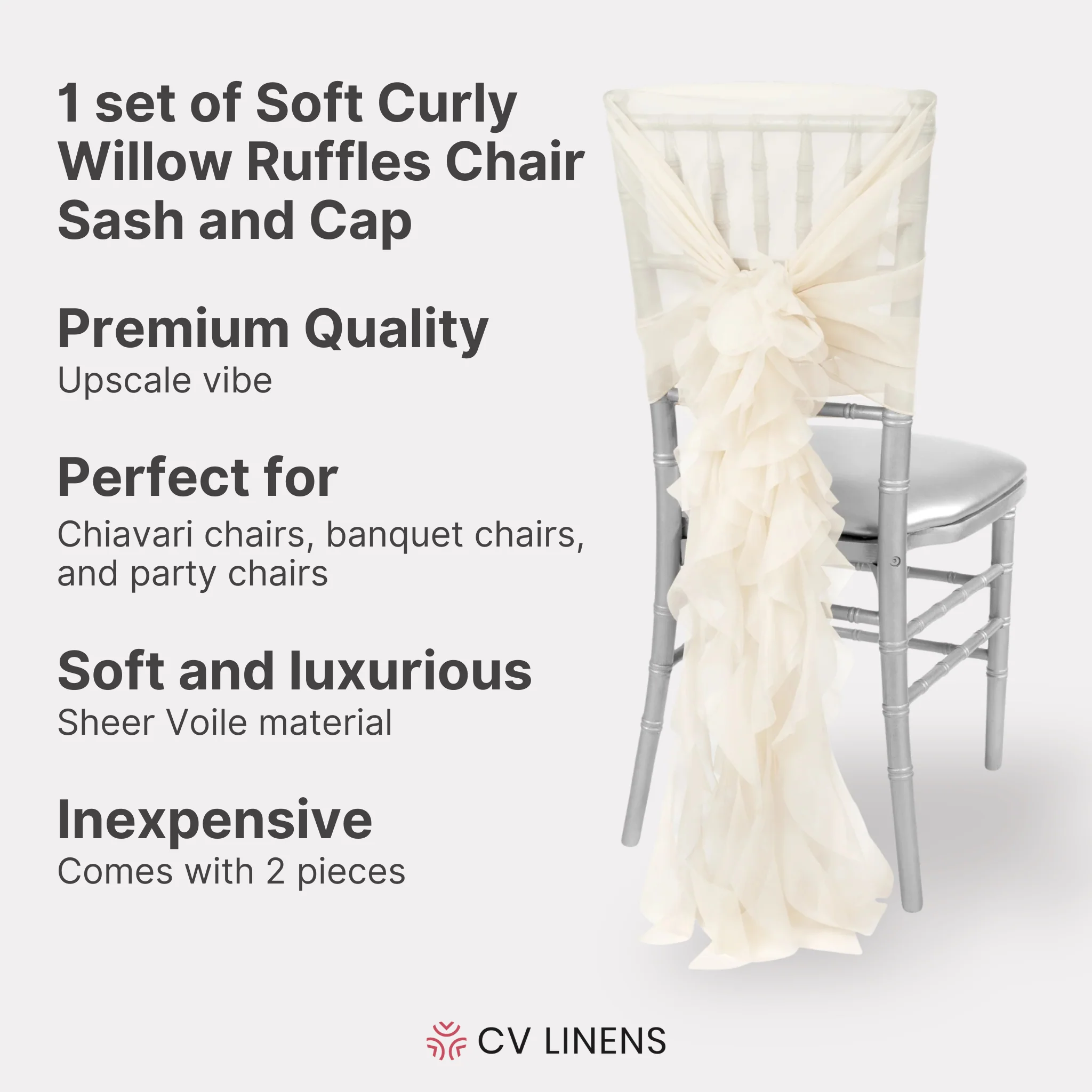 1 Set of Soft Curly Willow Ruffles Chair Sash & Cap - Ivory