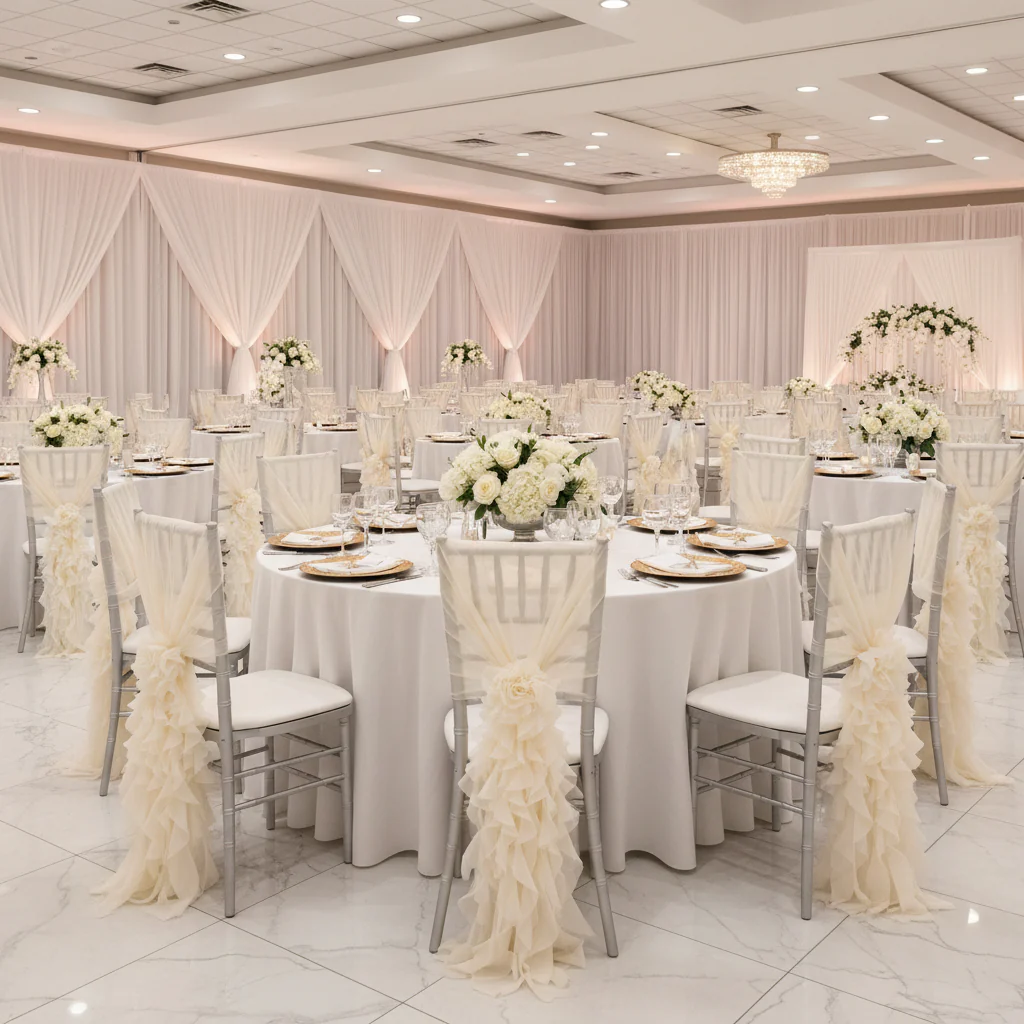 1 Set of Soft Curly Willow Ruffles Chair Sash & Cap - Ivory - Image 5