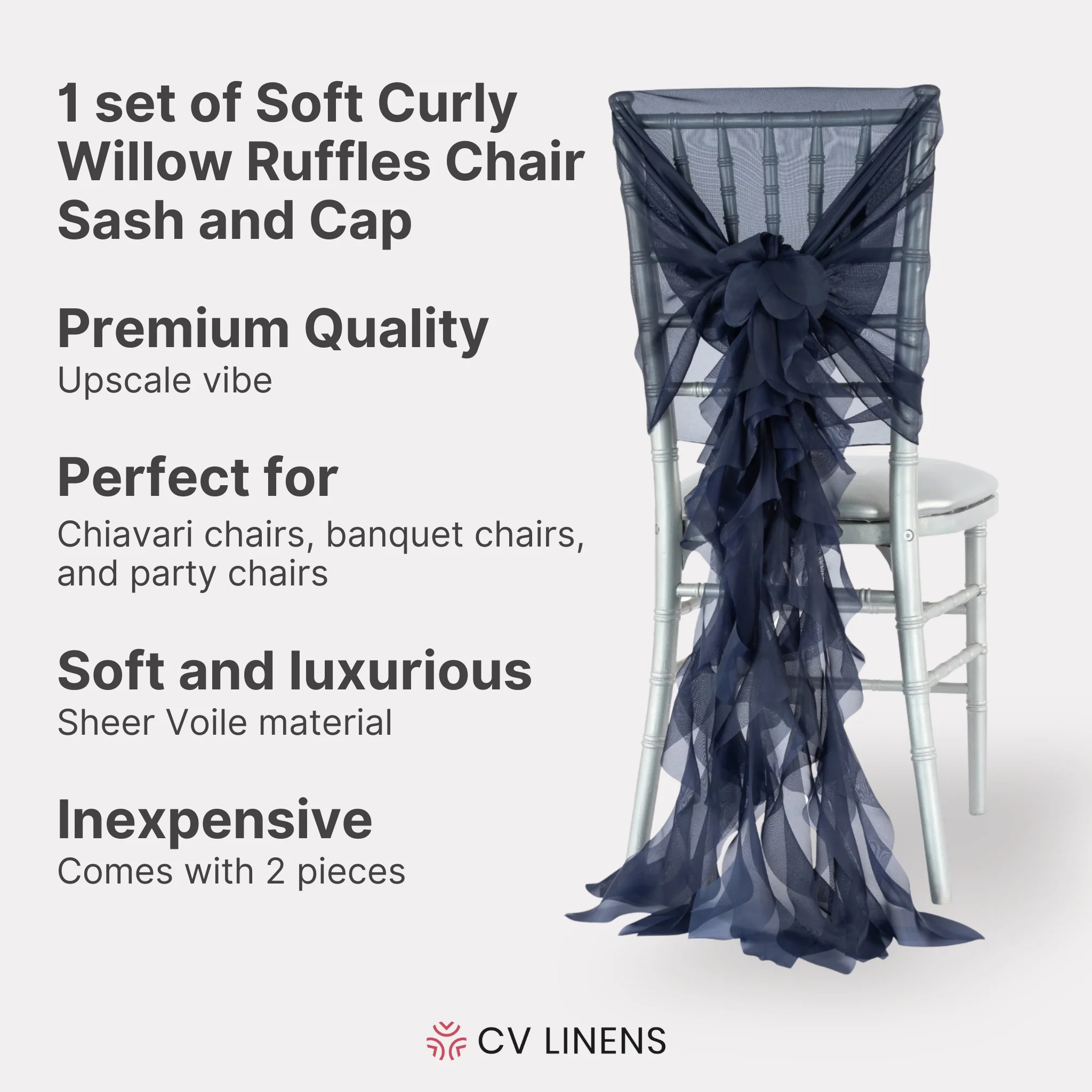 1 Set of Soft Curly Willow Ruffles Chair Sash & Cap - Navy Blue - Image 2