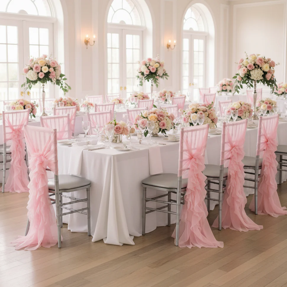 1 Set of Soft Curly Willow Ruffles Chair Sash & Cap - Pink - Image 4