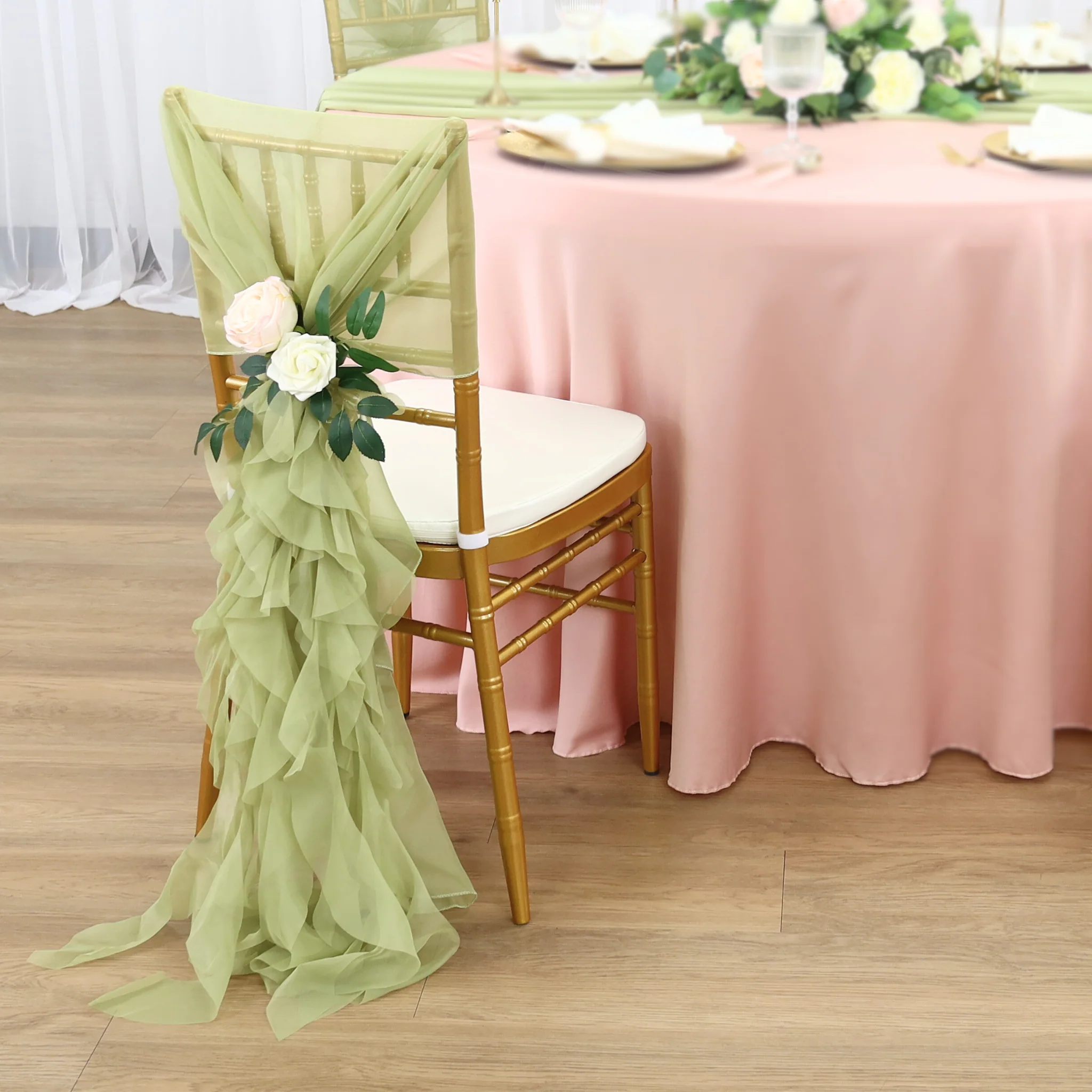 1 Set of Soft Curly Willow Ruffles Chair Sash & Cap - Sage Green - Image 2