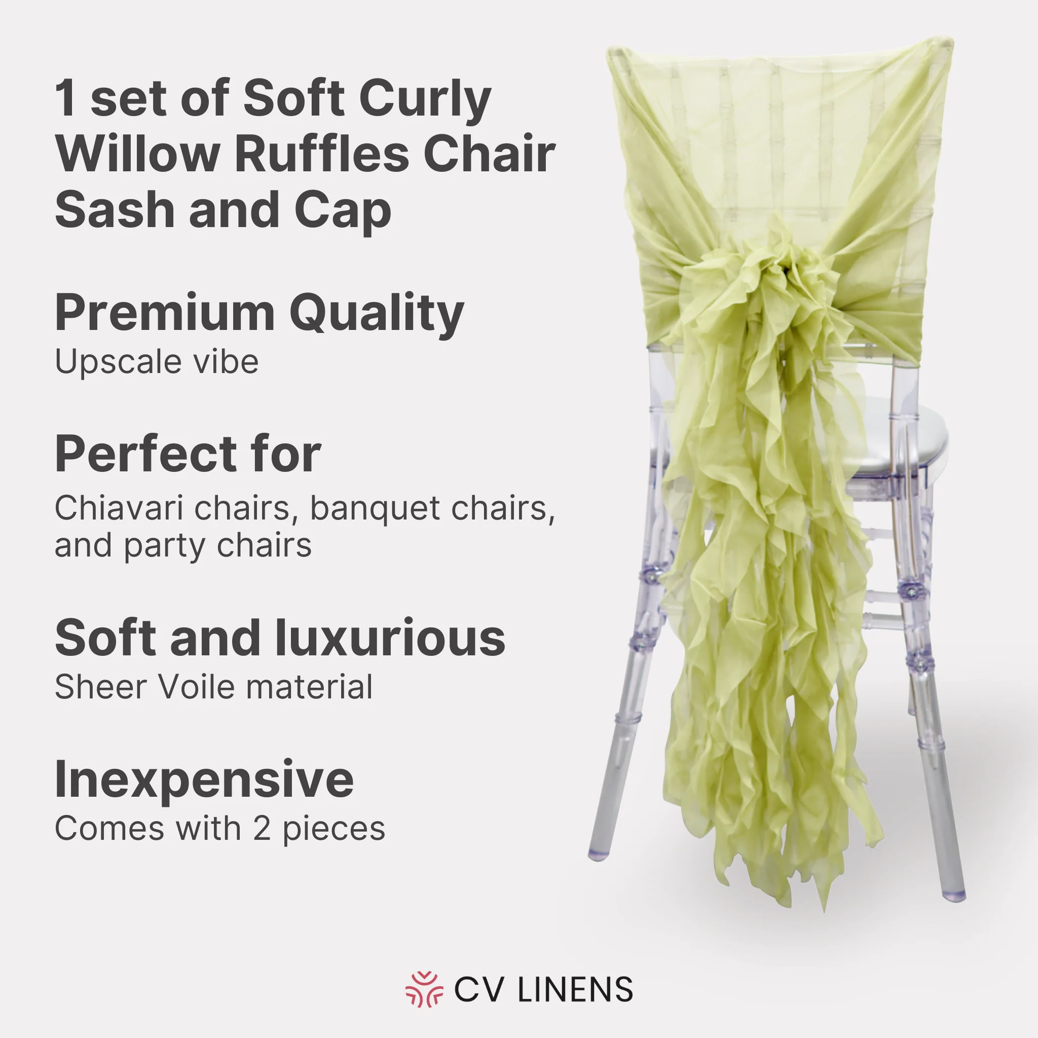 1 Set of Soft Curly Willow Ruffles Chair Sash & Cap - Sage Green - Image 3