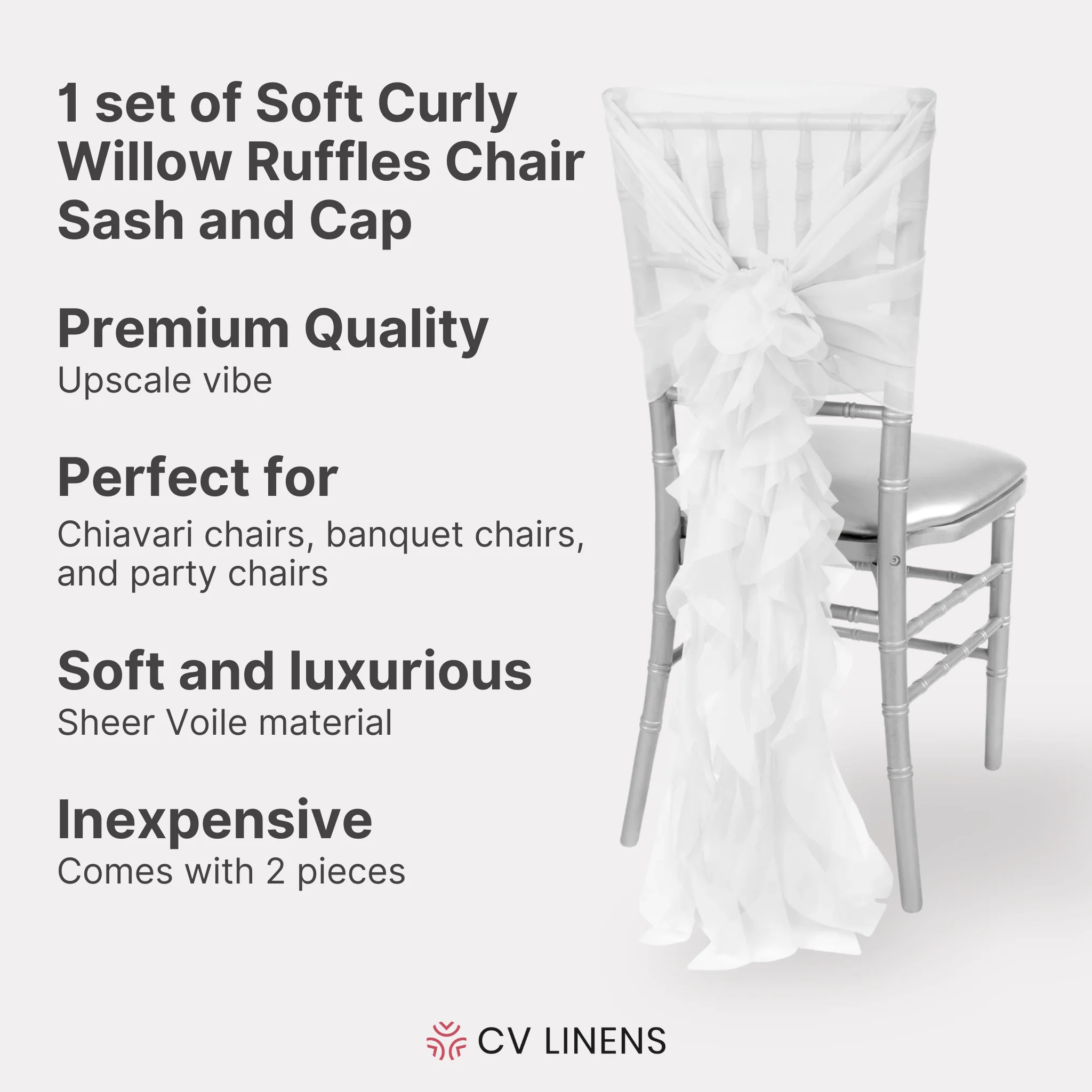 1 Set of Soft Curly Willow Ruffles Chair Sash & Cap - White - Image 2