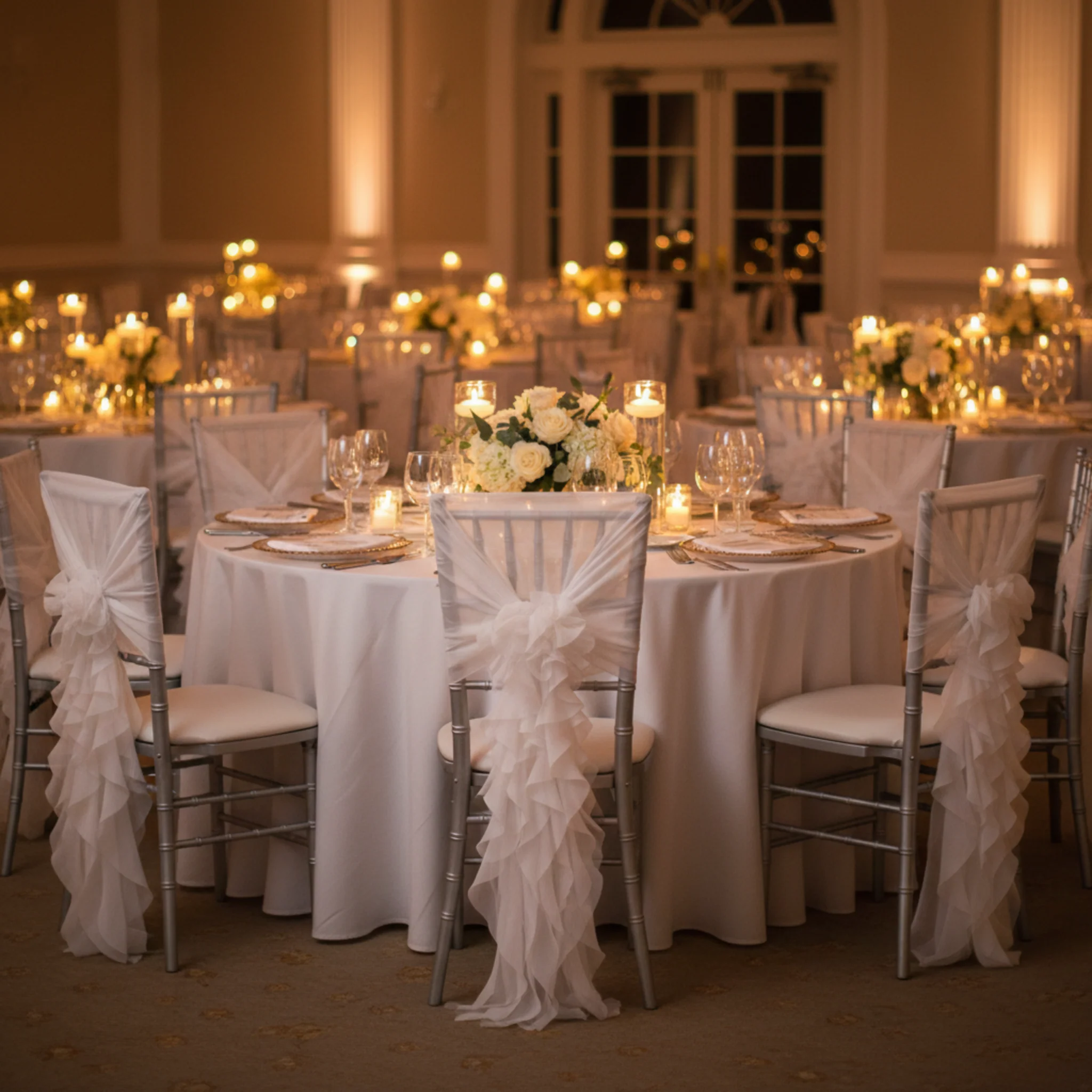 1 Set of Soft Curly Willow Ruffles Chair Sash & Cap - White - Image 3