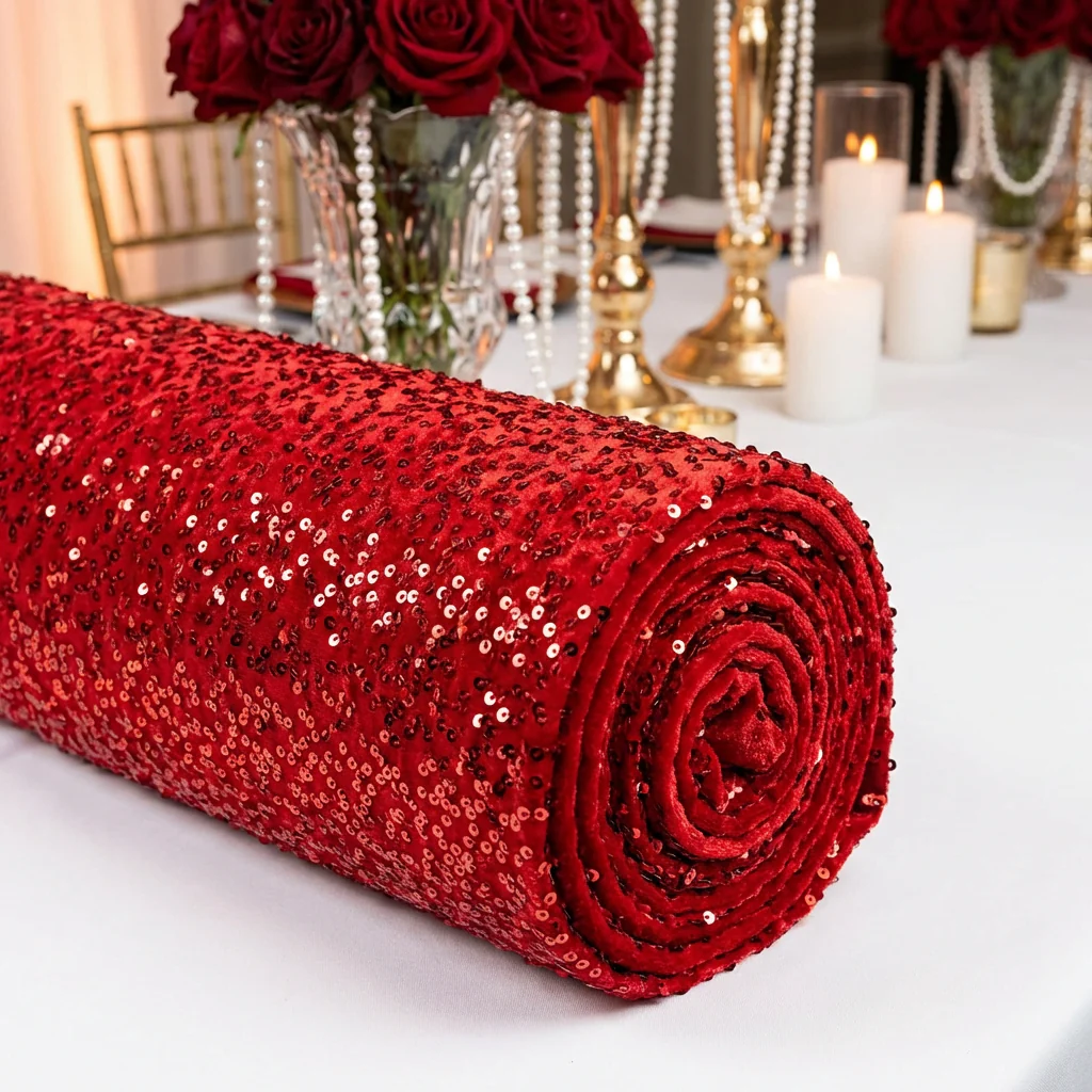 10 yards Sequin Velvet Fabric Roll - Red - Image 3