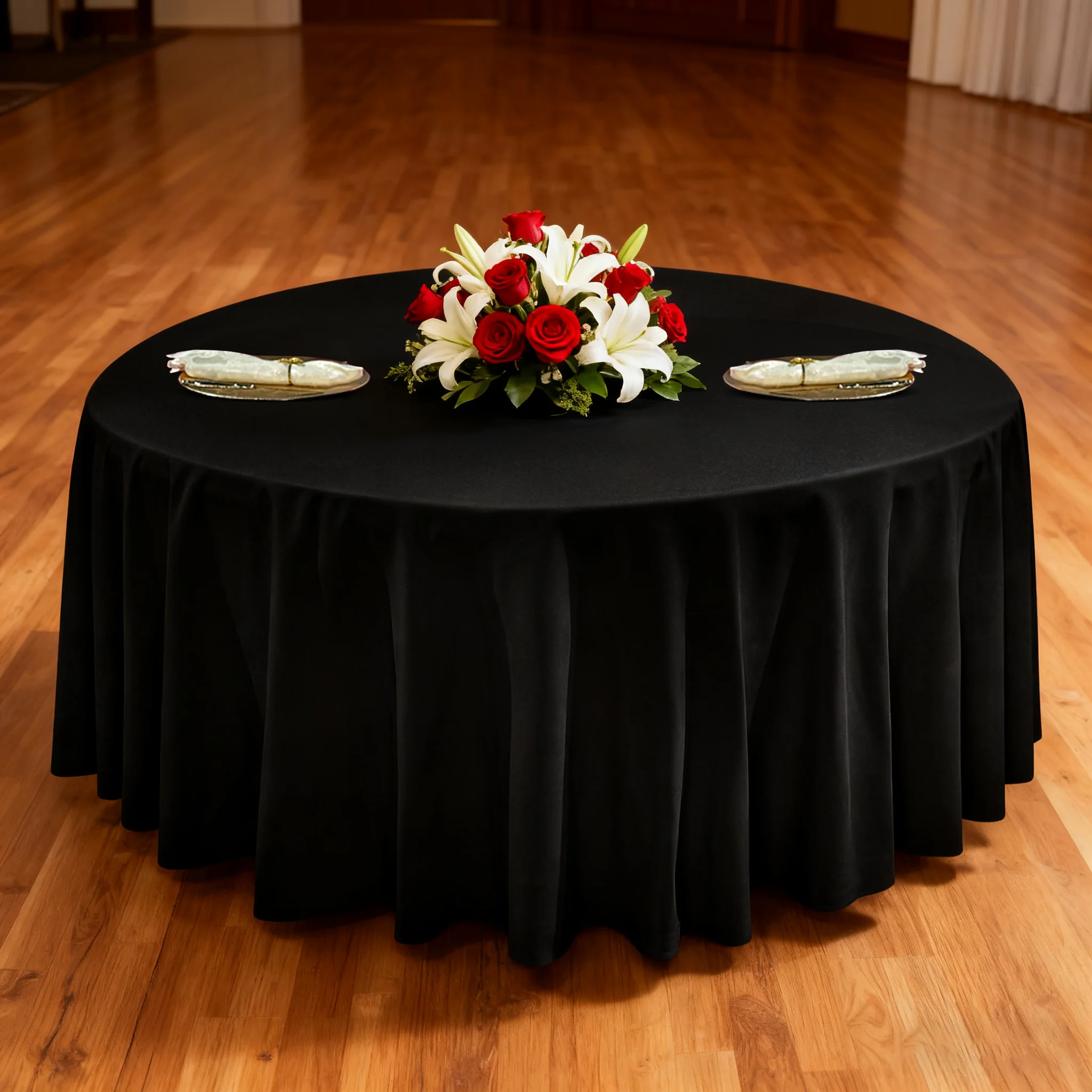 Premium 120" Round Black Spun Polyester Tablecloth - Image 2