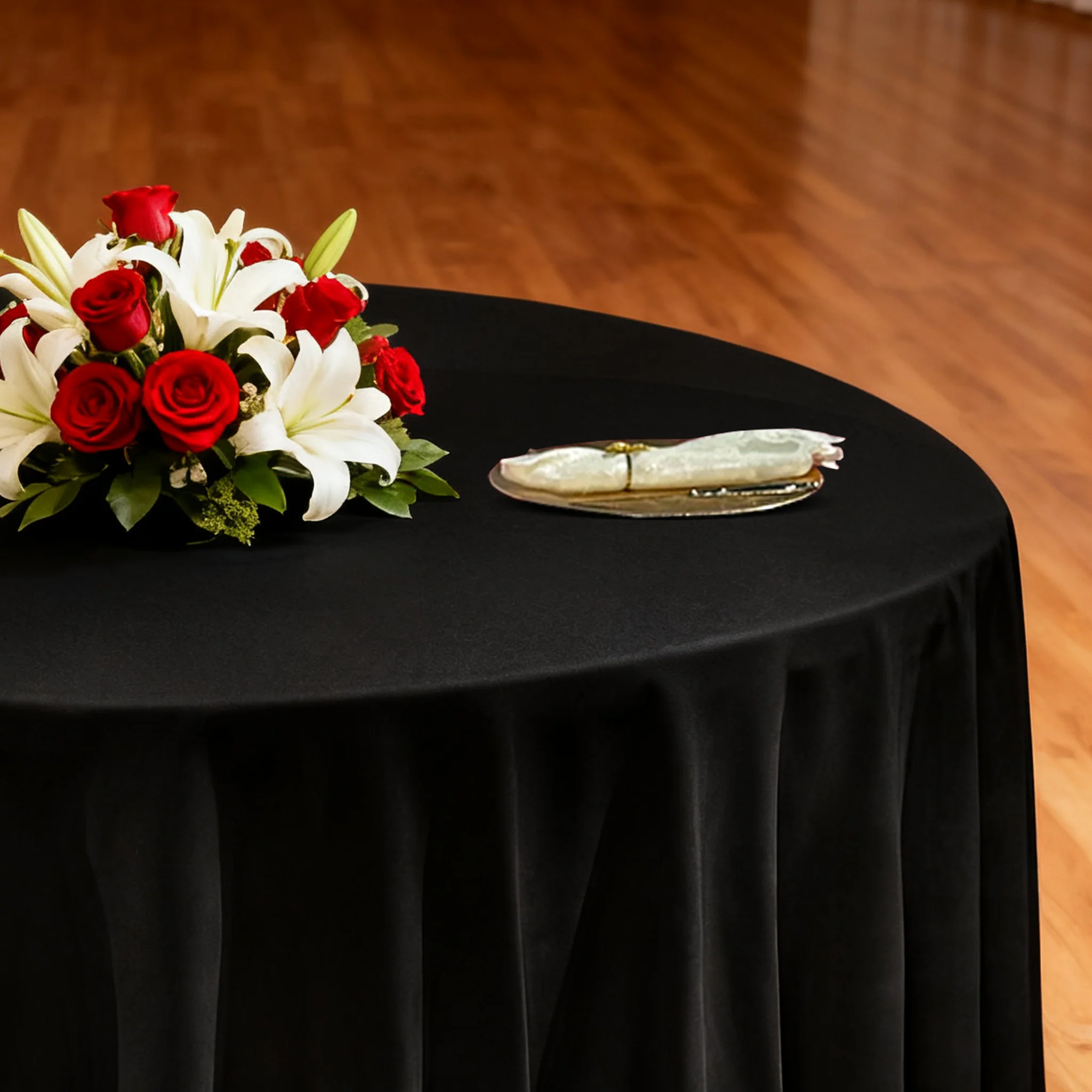 Premium 120" Round Black Spun Polyester Tablecloth - Image 4