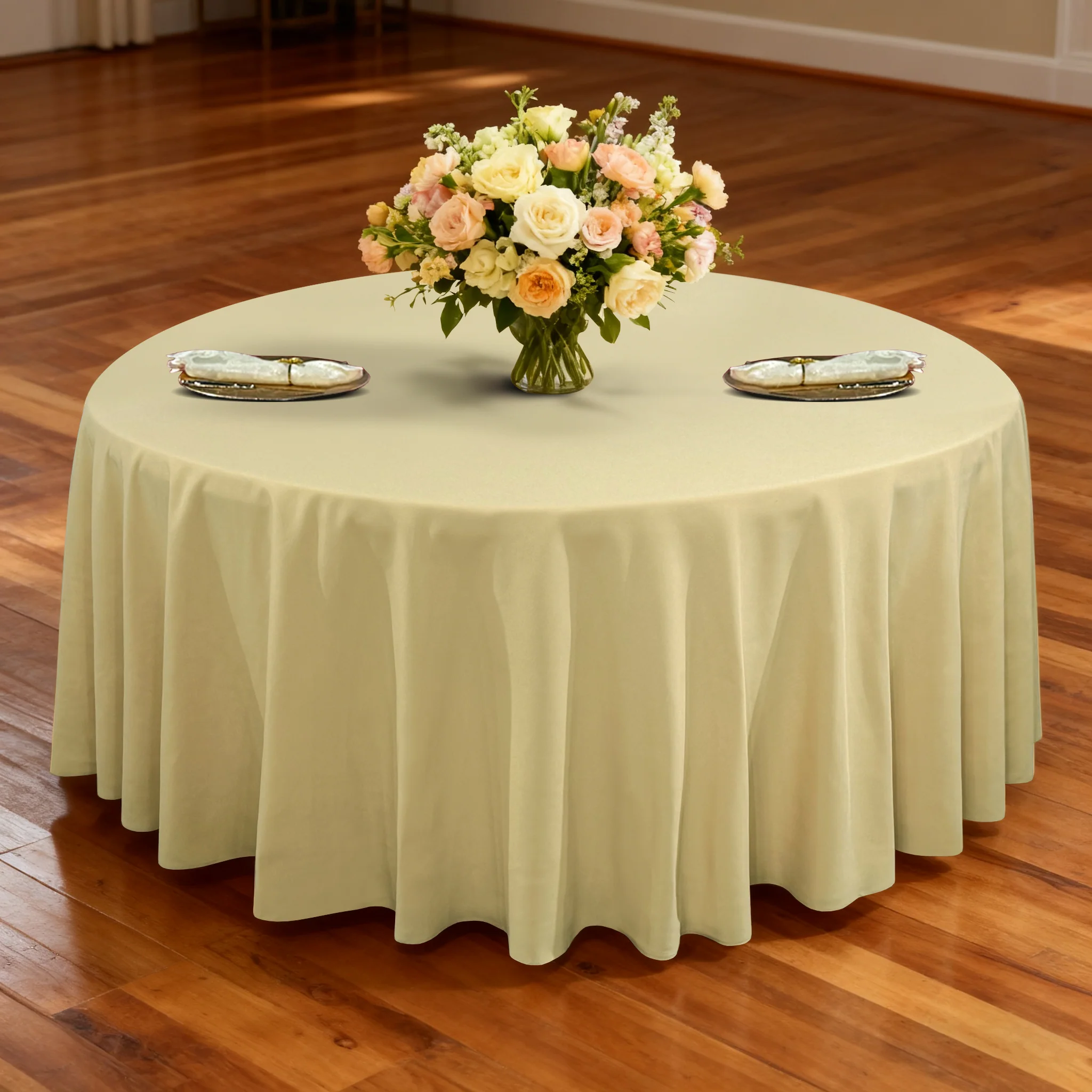 Premium 120" Round Champagne Spun Polyester Tablecloth - Image 3