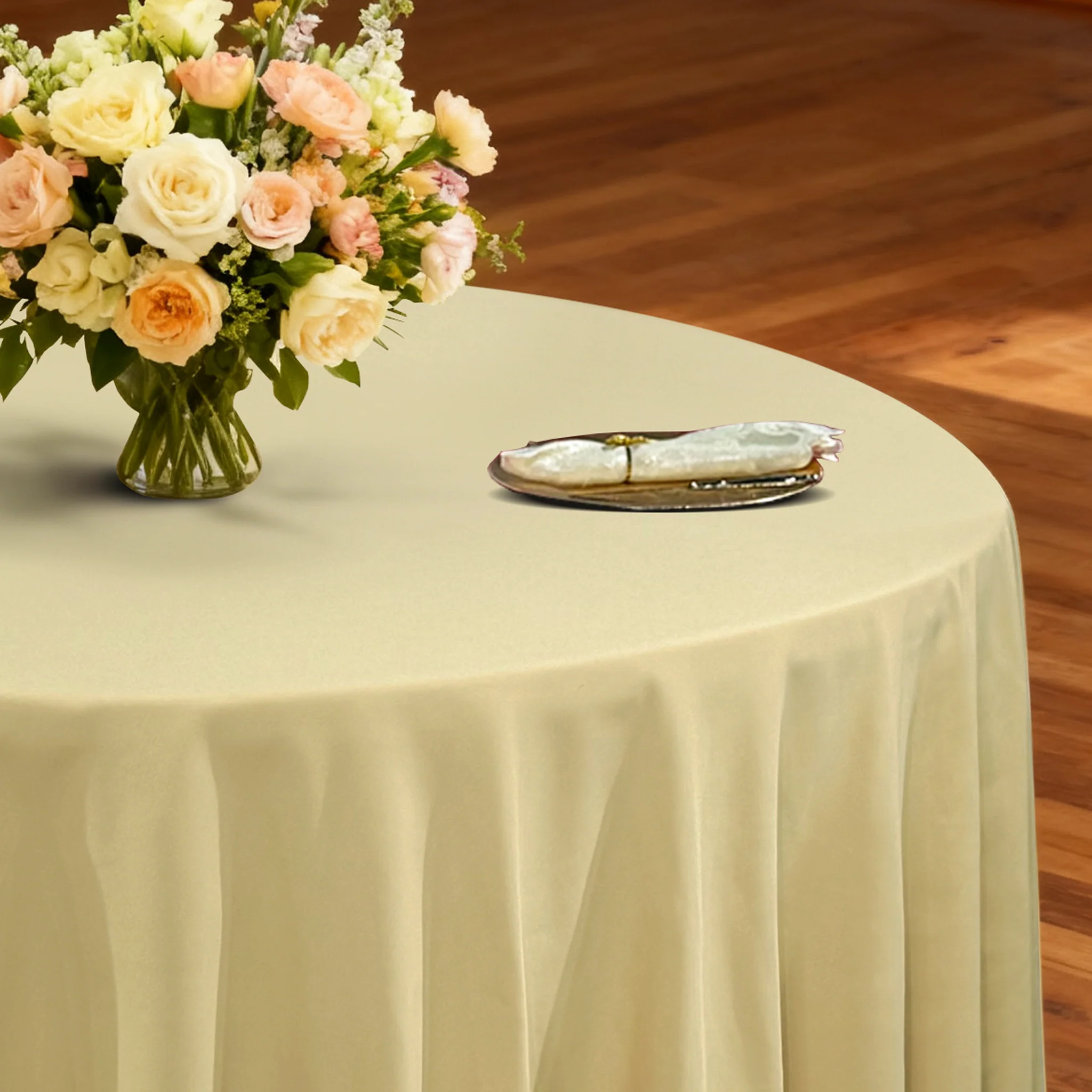 Premium 120" Round Champagne Spun Polyester Tablecloth - Image 4