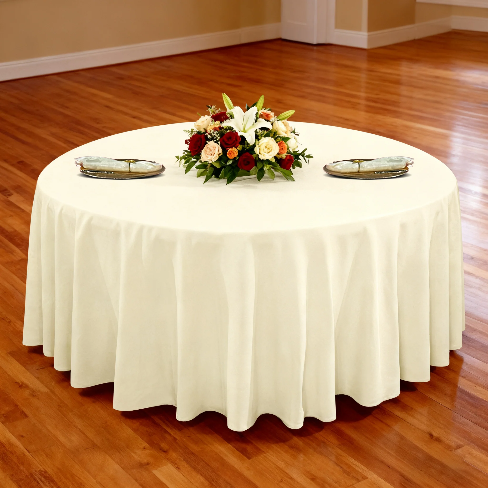 Premium 120" Round Ivory Spun Polyester Tablecloth - Image 2