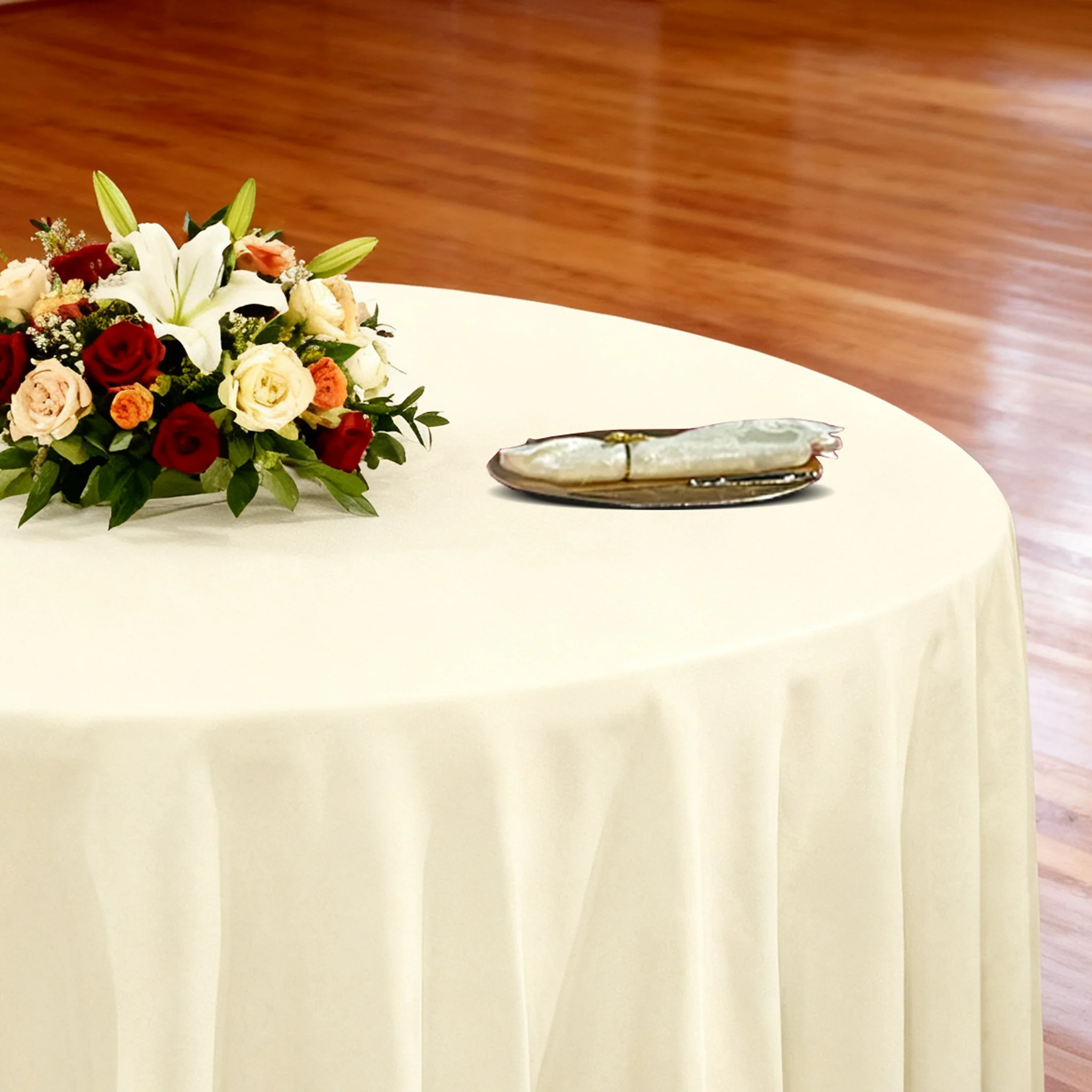 Premium 120" Round Ivory Spun Polyester Tablecloth - Image 3