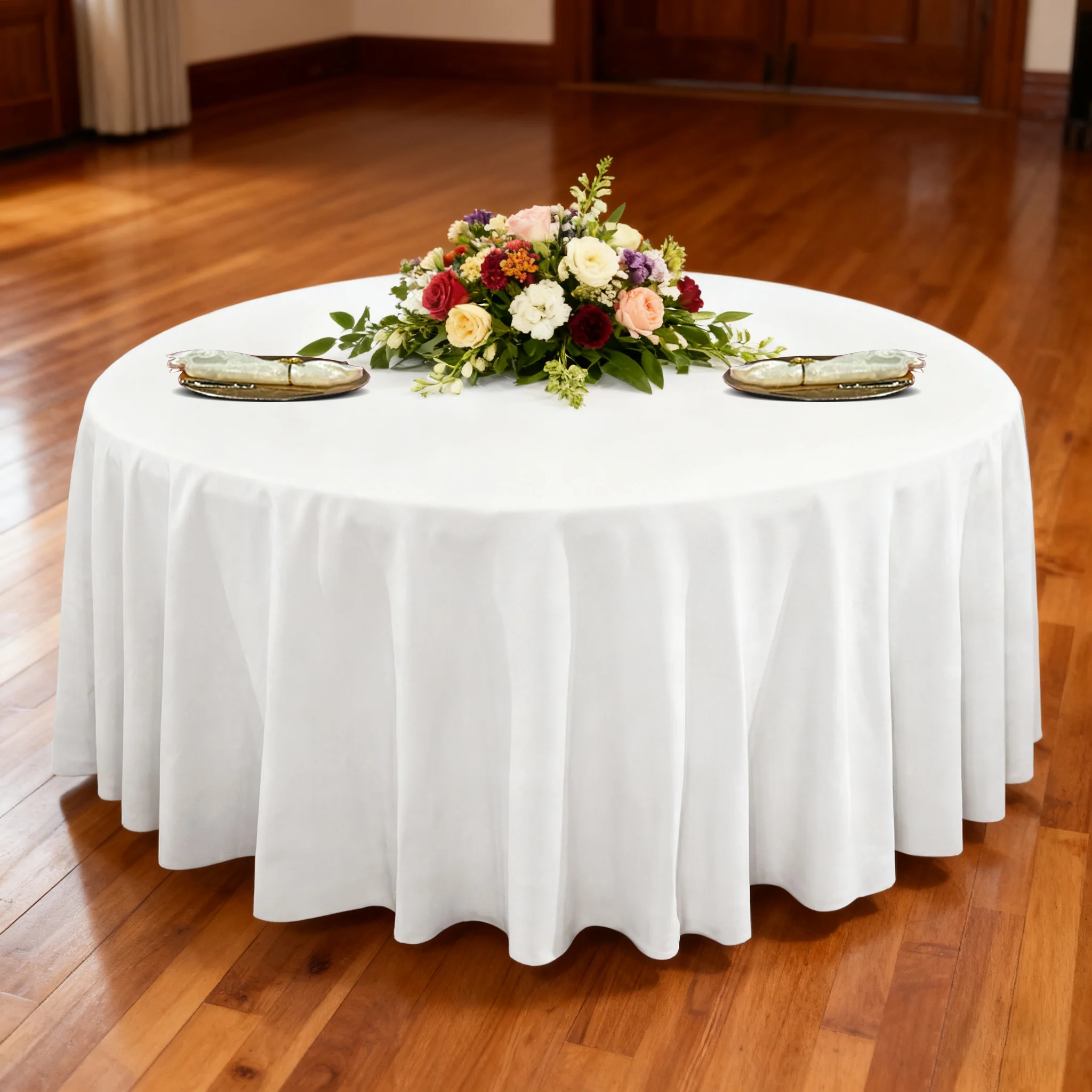 Premium 120" Round White Spun Polyester Tablecloth - Image 2