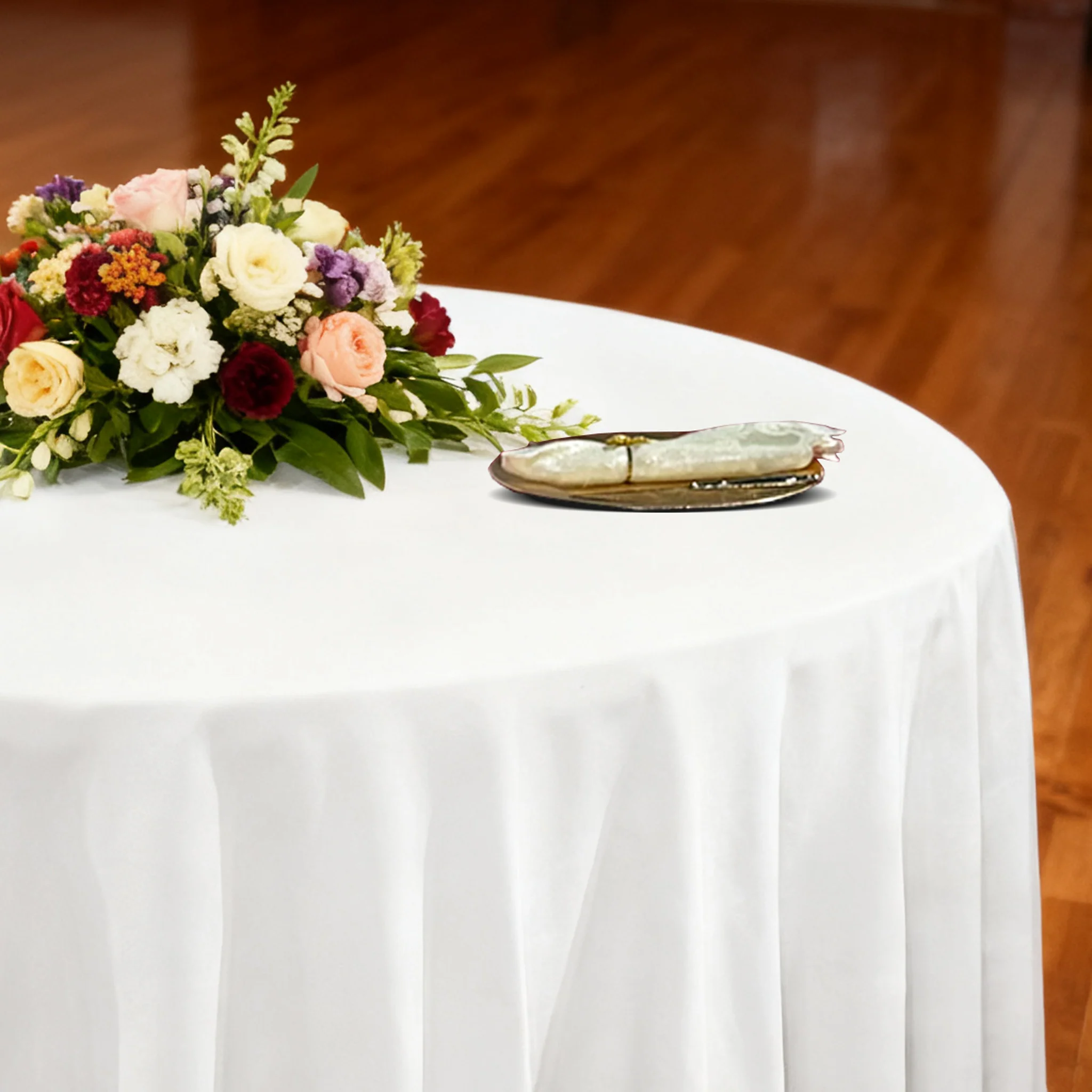 Premium 120" Round White Spun Polyester Tablecloth - Image 3