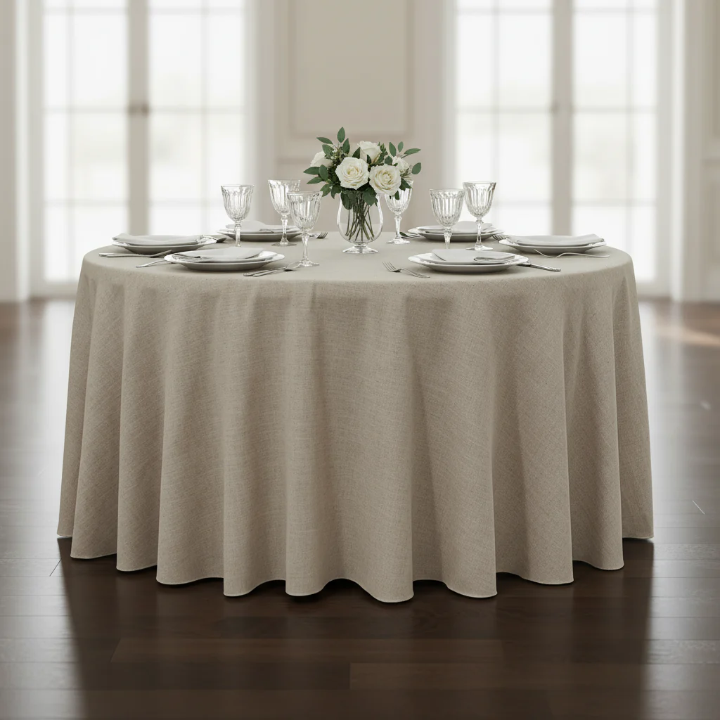 120" Round Premium Linen-Look Panama Weave Tablecloth - Beige - Image 2