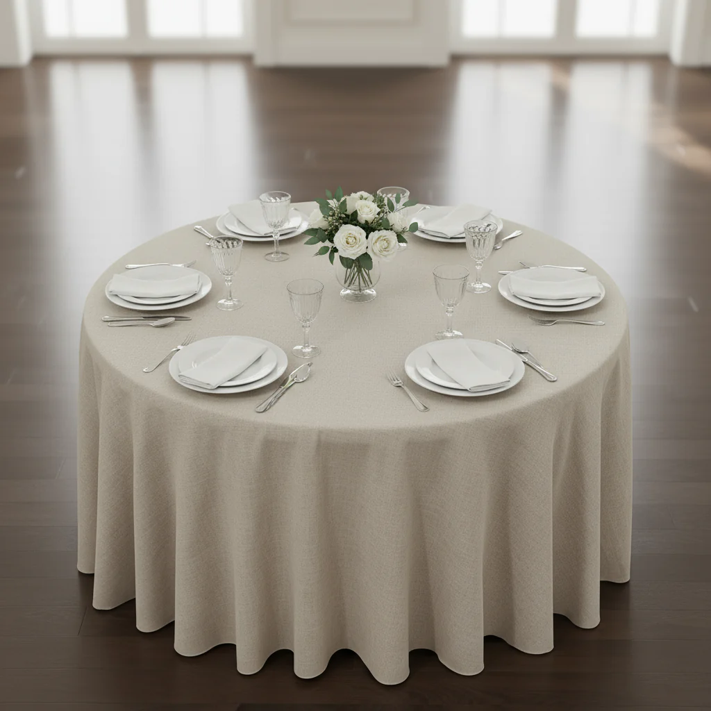 120" Round Premium Linen-Look Panama Weave Tablecloth - Beige - Image 3