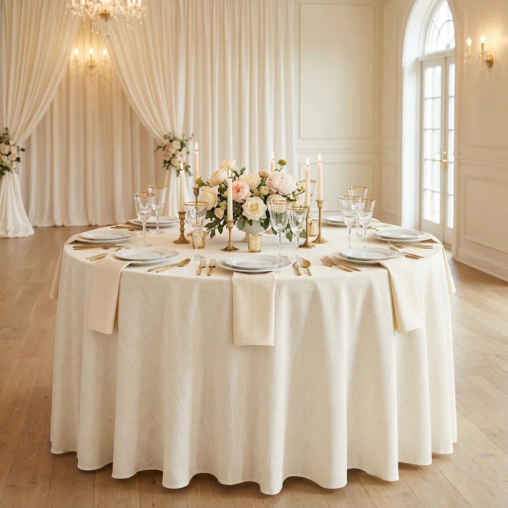120" Round Premium Linen-Look Panama Weave Tablecloth - Light Ivory/Off White - Image 2