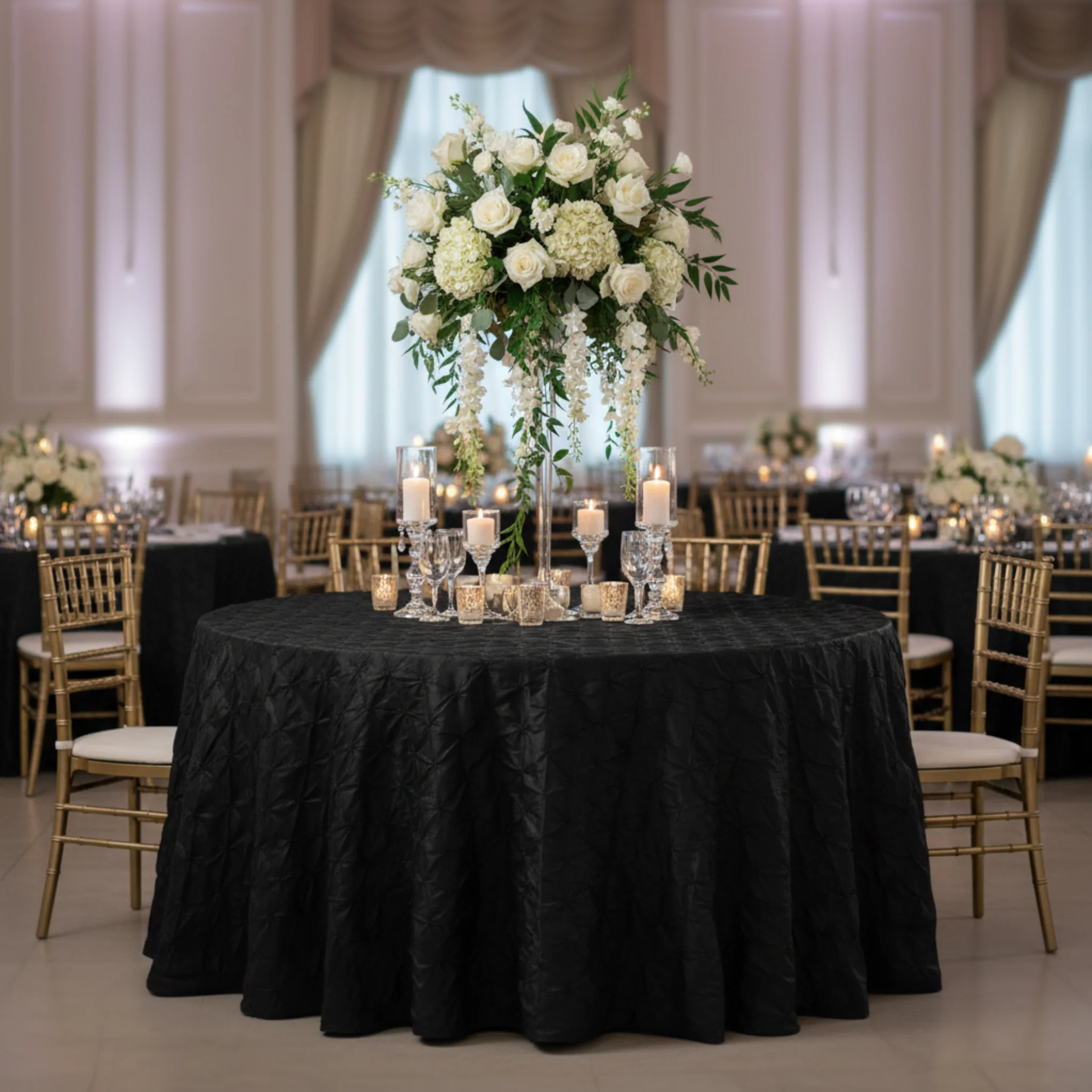 132" Pinchwheel Round Tablecloth - Black - Image 3