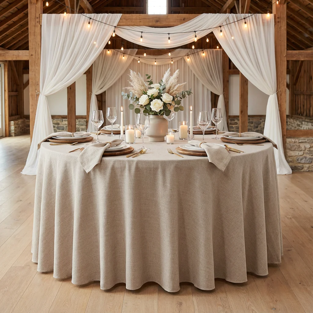 132" Round Premium Linen-Look Panama Weave Tablecloth - Beige - Image 2