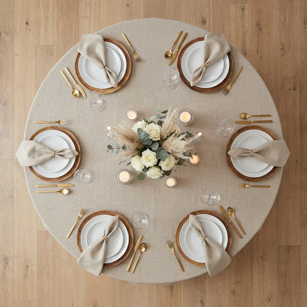 132" Round Premium Linen-Look Panama Weave Tablecloth - Beige - Image 3