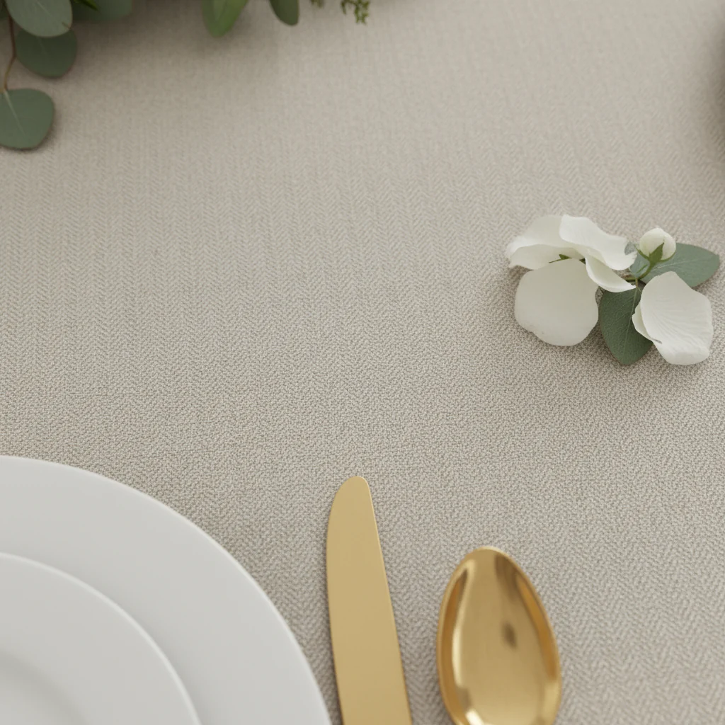 132" Round Premium Linen-Look Panama Weave Tablecloth - Beige - Image 4