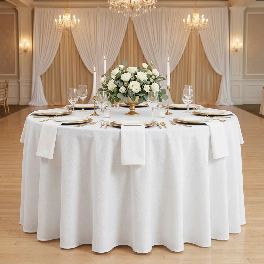 132" Round Premium Linen-Look Panama Weave Tablecloth - White - Image 2