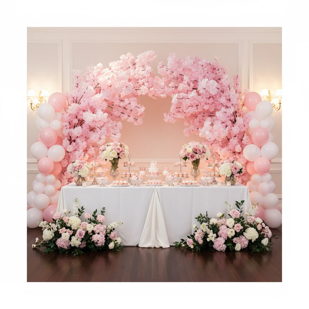 2 pcs 9.5ft Cherry Blossom Wedding Arch Backdrop - Pink - Image 6