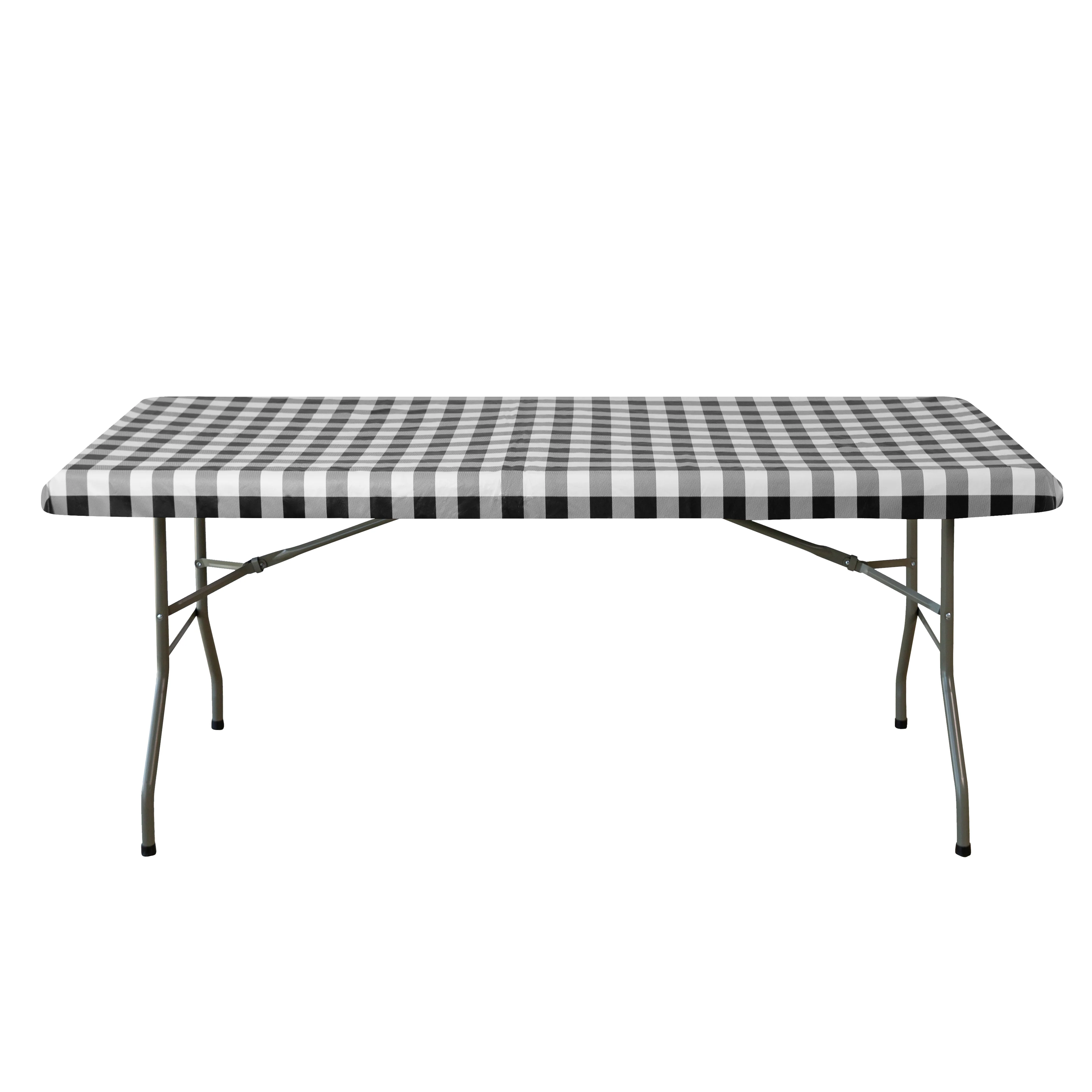 Rectangular Elastic Table Top Cover 30"x48" Waterproof Vinyl Flannel Backing Checkered Design - Black