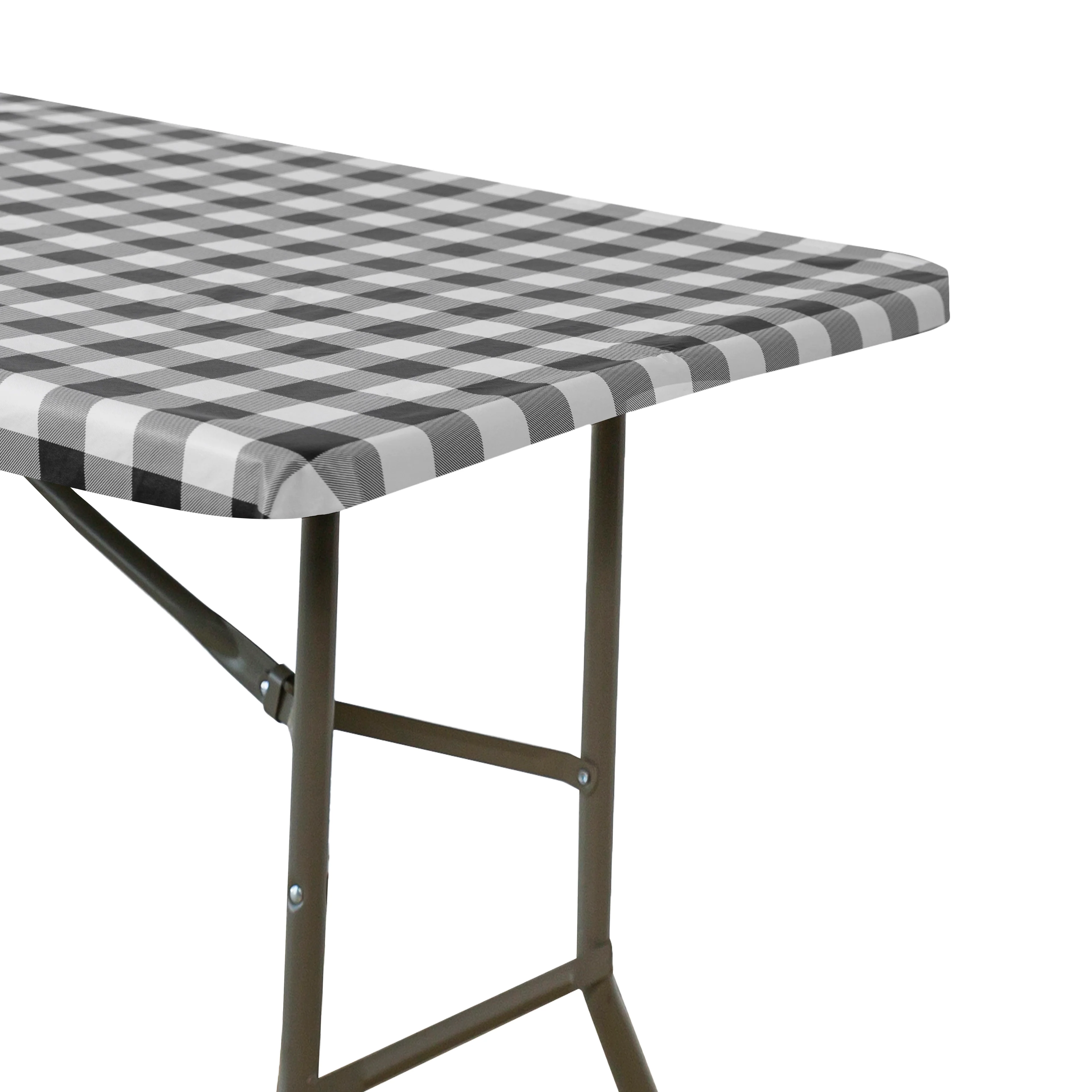 Rectangular Elastic Table Top Cover 30"x48" Waterproof Vinyl Flannel Backing Checkered Design - Black - Image 3