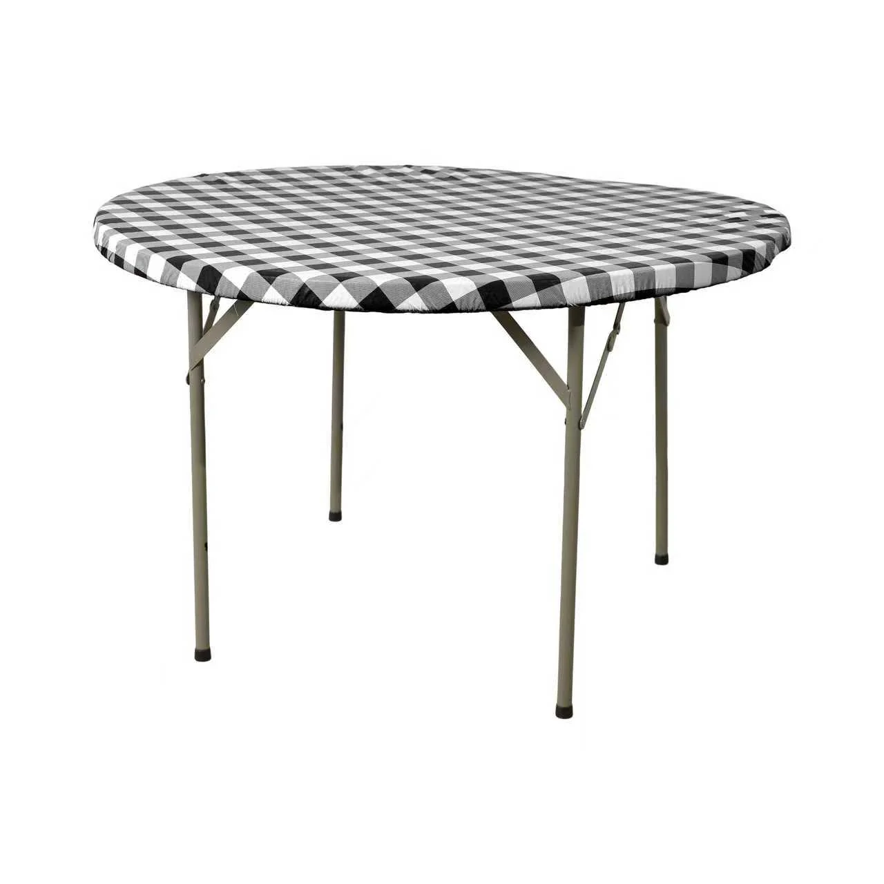 Round Elastic Table Top Cover 36" Waterproof Vinyl Flannel Backing Checkered Design - Black - Image 4