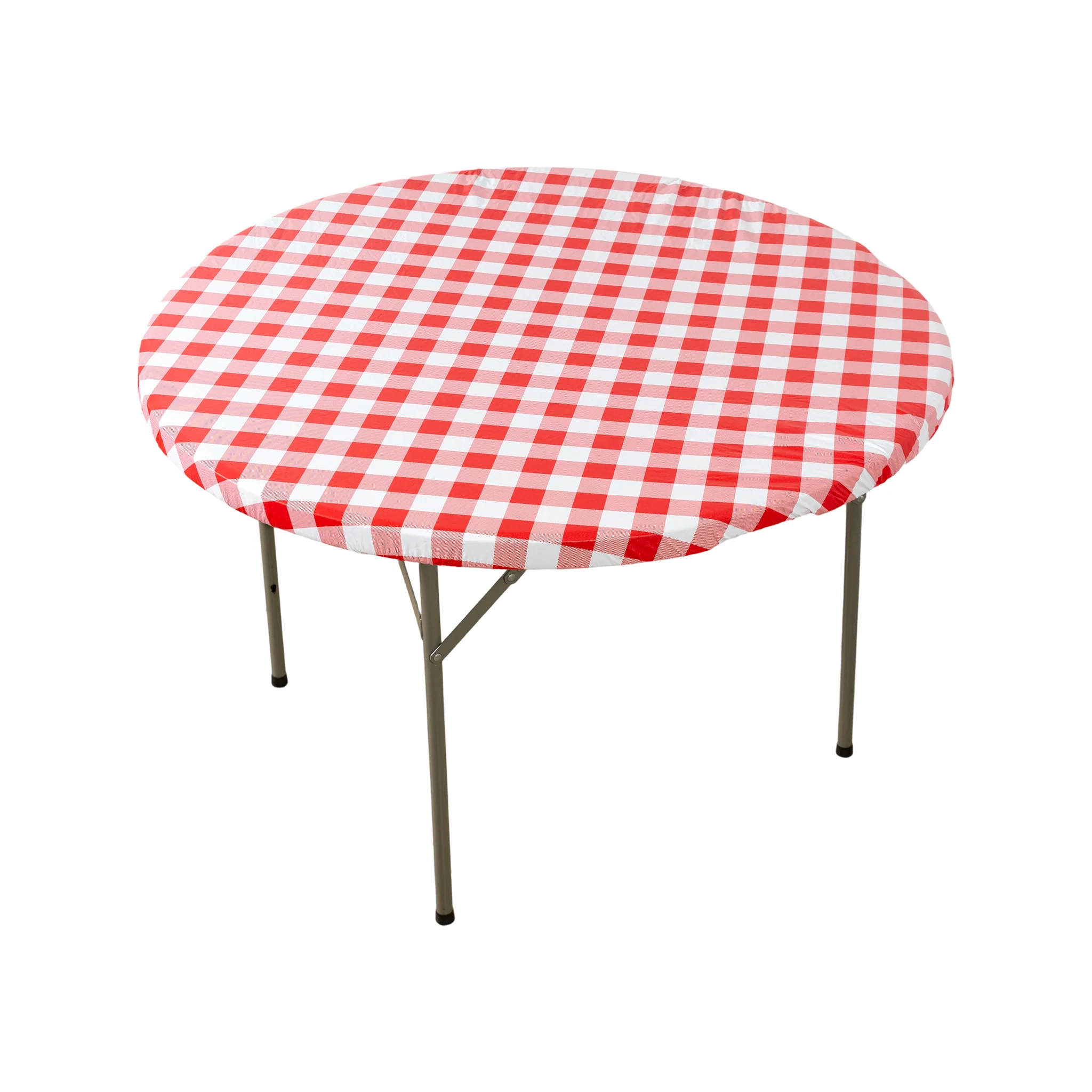 Round Elastic Table Top Cover 36" Waterproof Vinyl Flannel Backing Checkered Design - Red - Image 3
