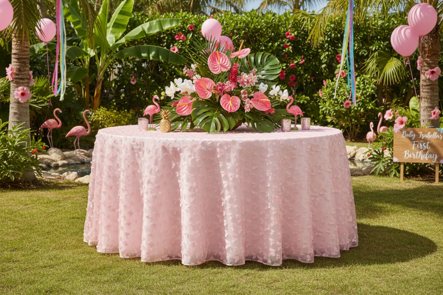 3D Butterfly Sheer Tablecloth  120" Round - Pink - Image 5