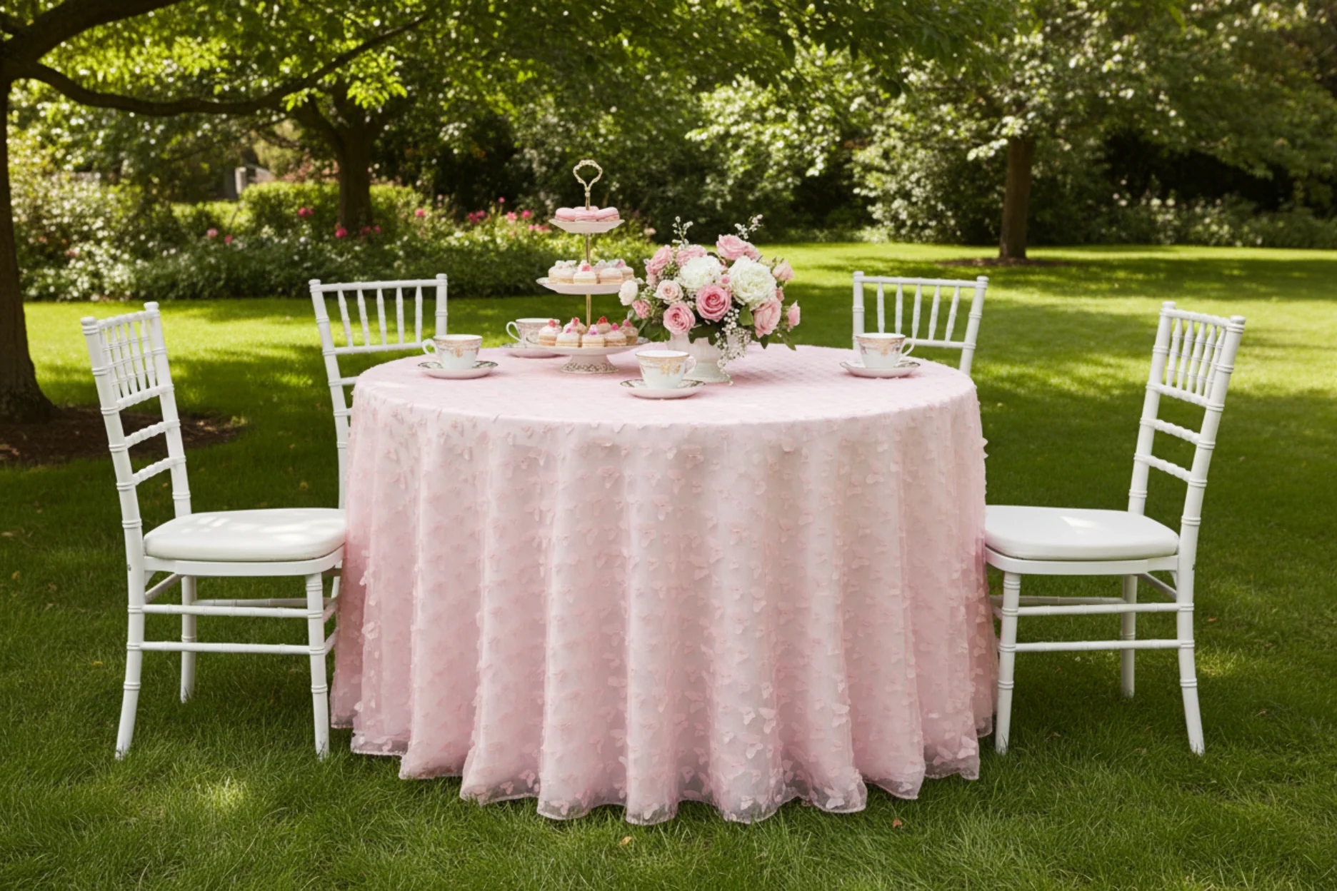 3D Butterfly Sheer Tablecloth  120" Round - Pink - Image 7