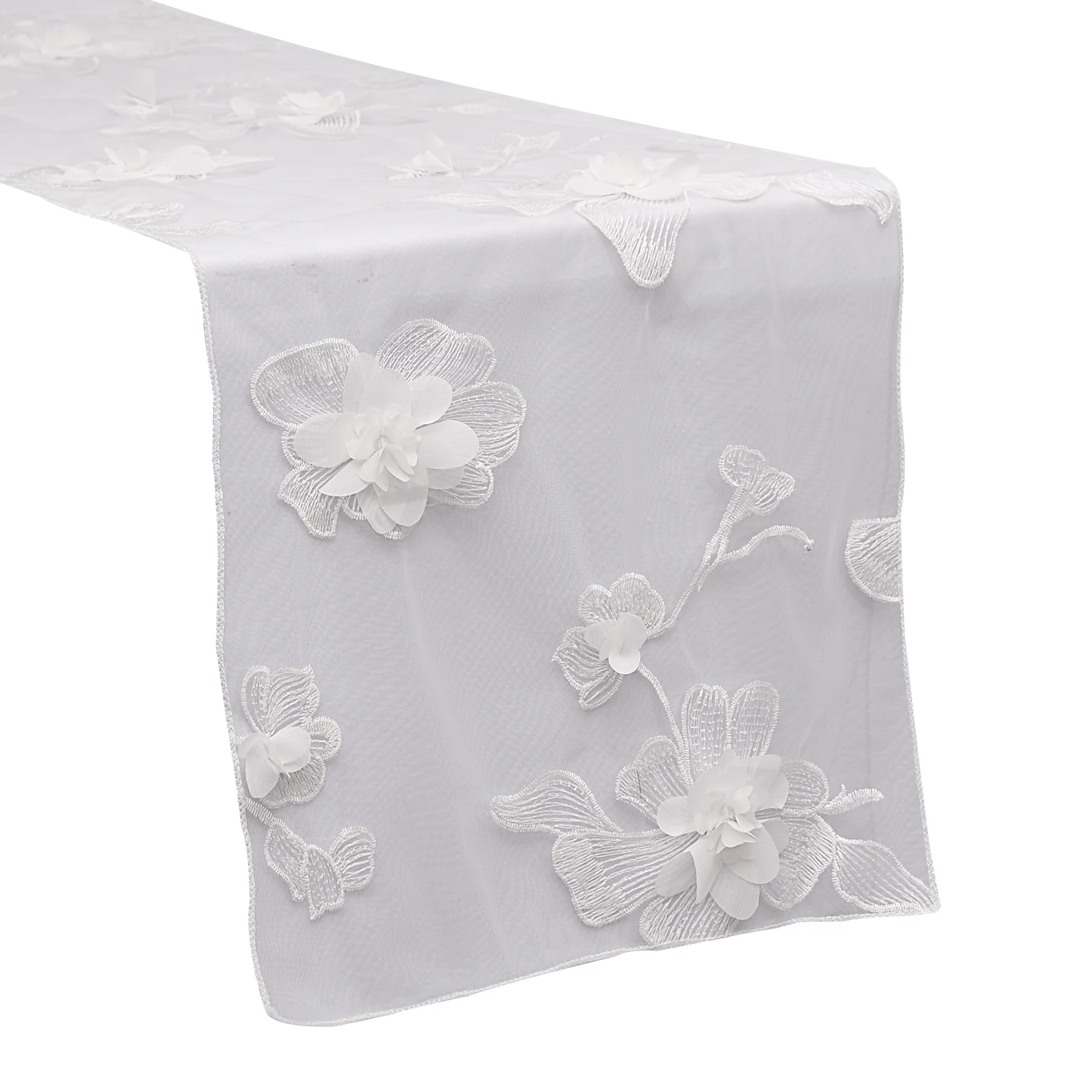 3D Gardenia Embroidery Sheer Table Runner - White