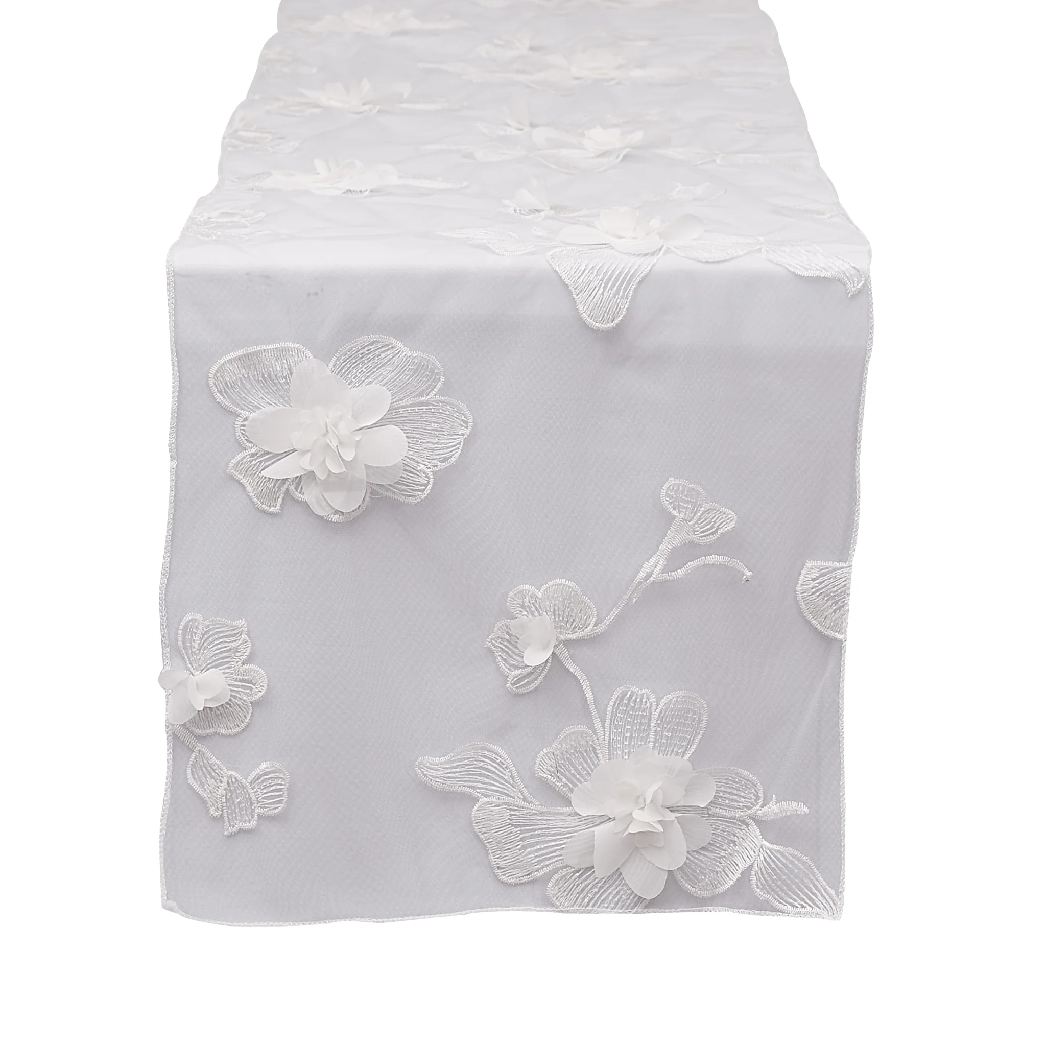 3D Gardenia Embroidery Sheer Table Runner - White - Image 3