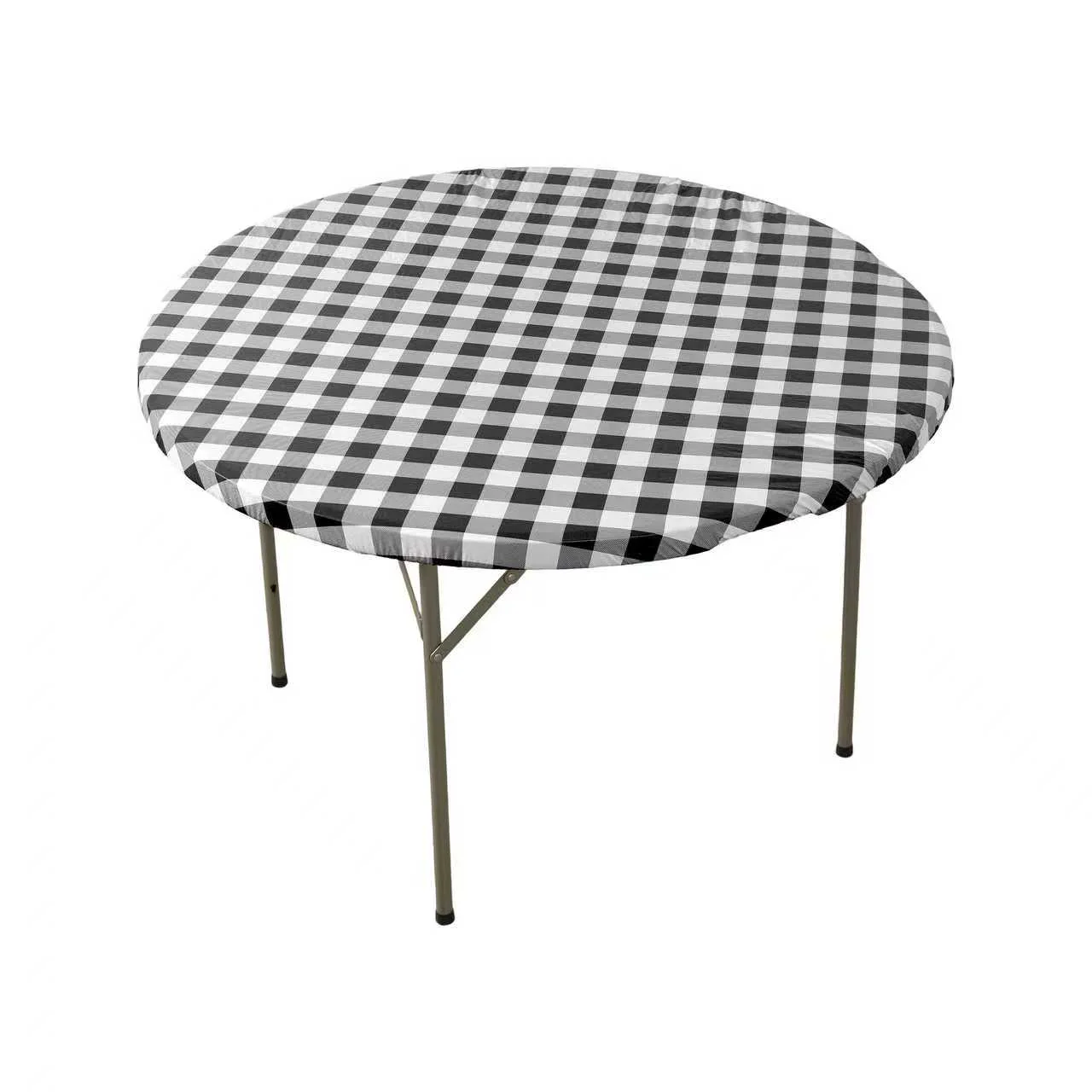 Round Elastic Table Top Cover 48" Waterproof Vinyl Flannel Backing Checkered Design - Black - Image 2