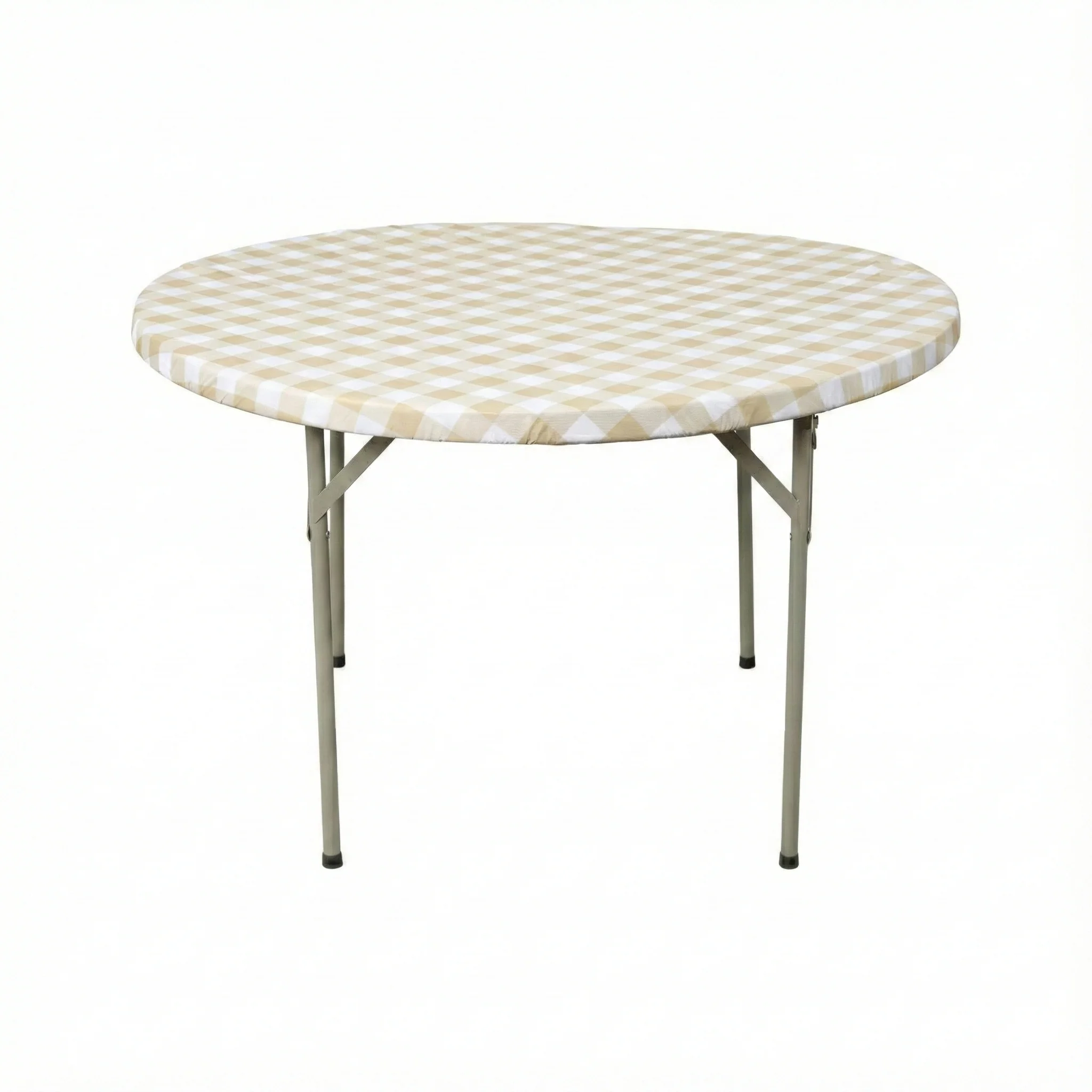 Round Elastic Table Top Cover 48" Waterproof Vinyl Flannel Backing Checkered Design - Champagne