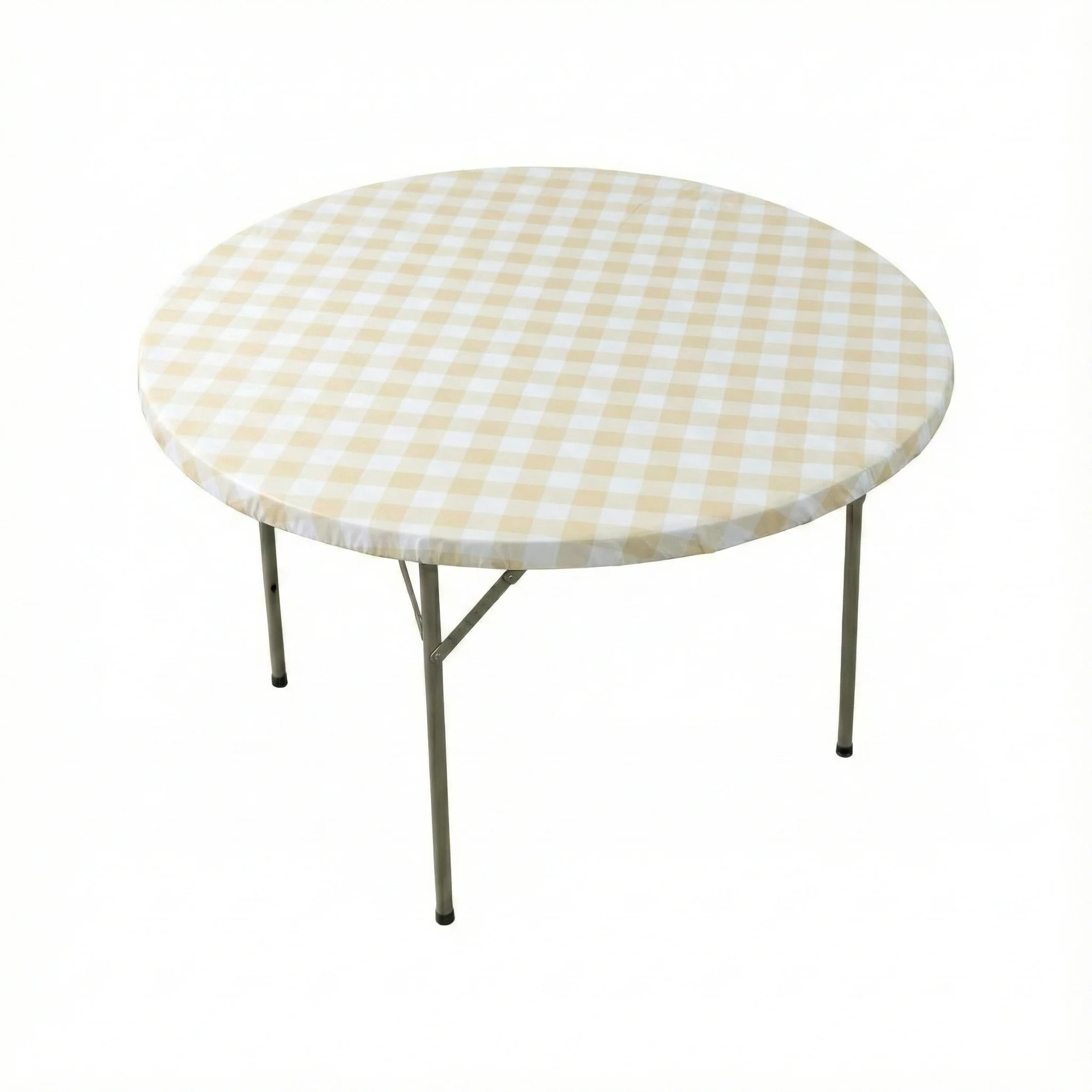 Round Elastic Table Top Cover 48" Waterproof Vinyl Flannel Backing Checkered Design - Champagne - Image 2