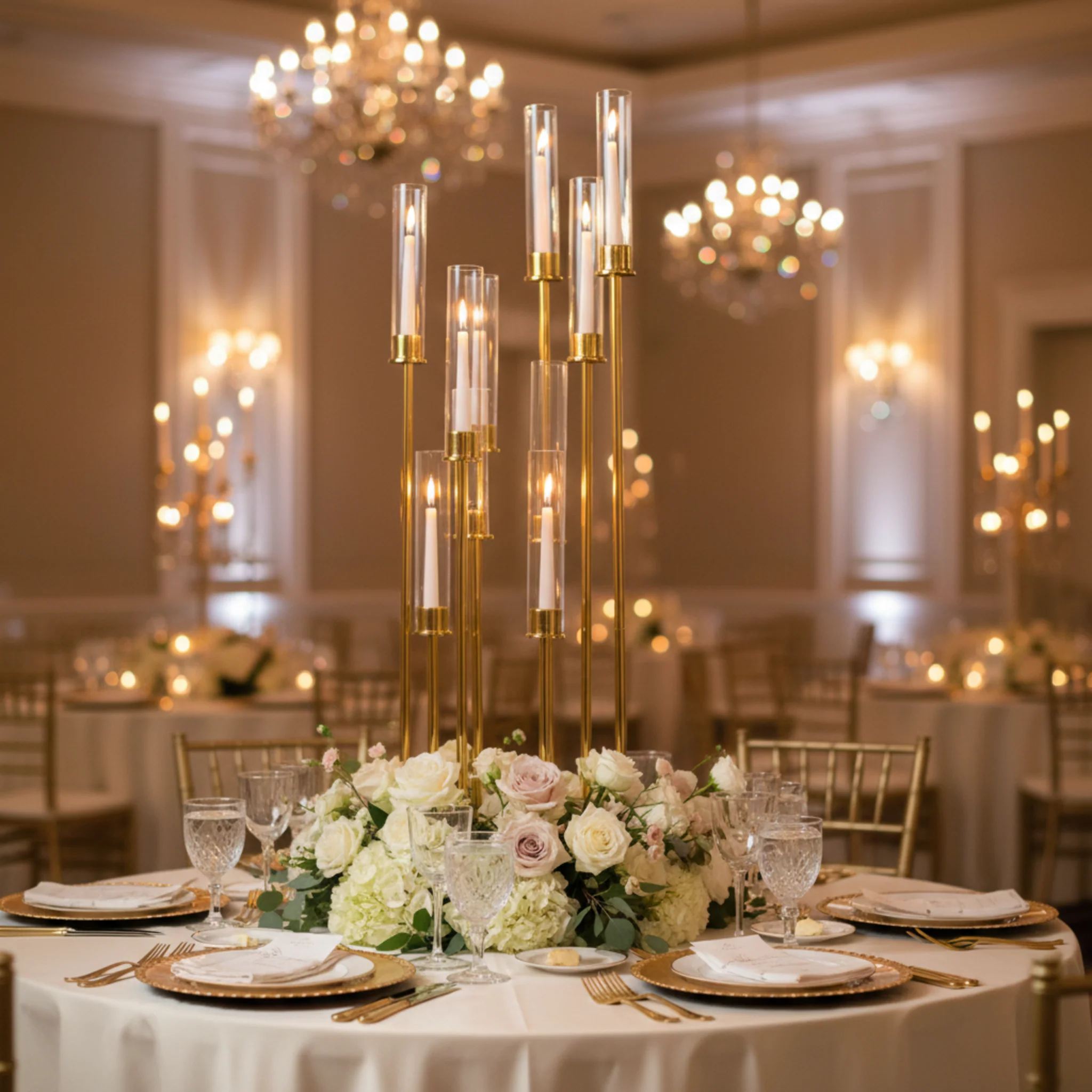 48" Tall 10 Arm Candle Holder Candelabra Centerpiece - Gold - Image 11