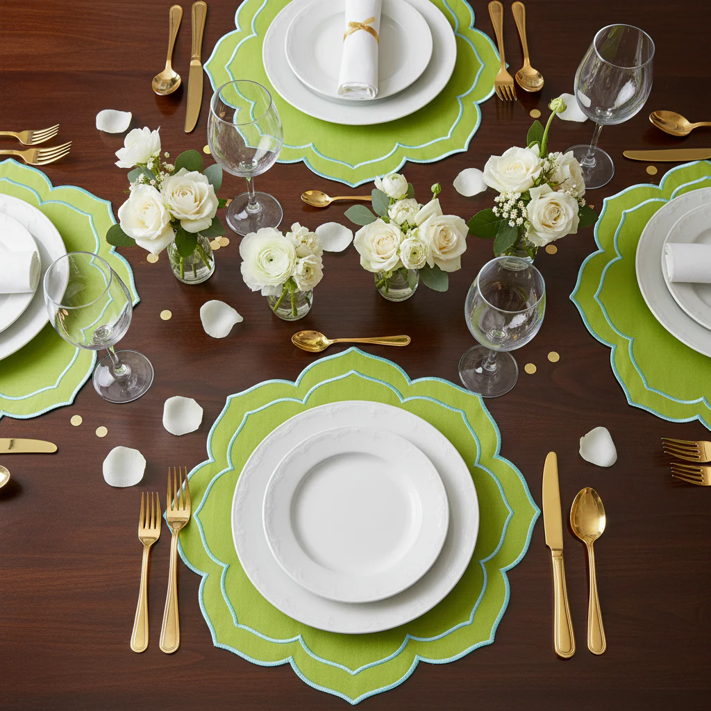 4pc/set Petal Elegance Placemats - Matcha/Turquoise Trim - Image 4