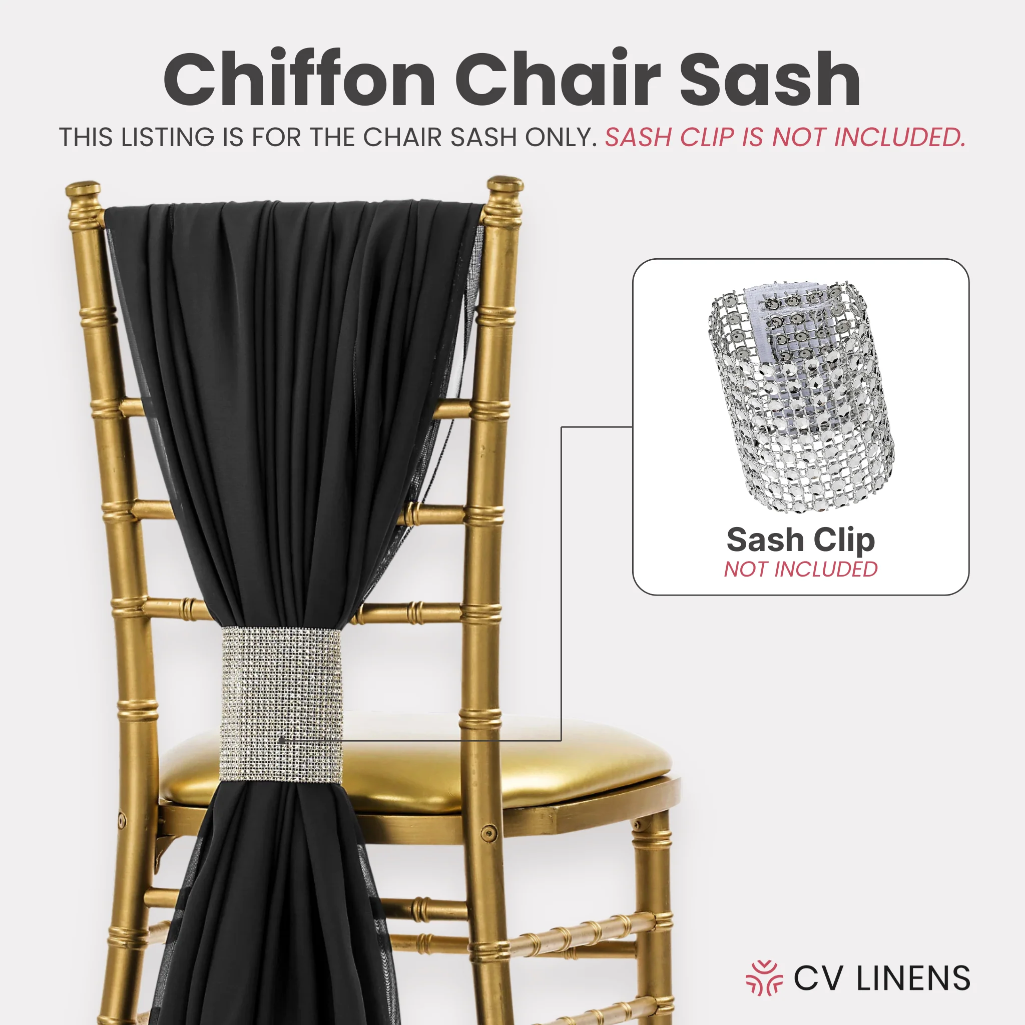 5pcs Pack of Chiffon Chair Sashes/Ties 19" x 72" - Black - Image 5