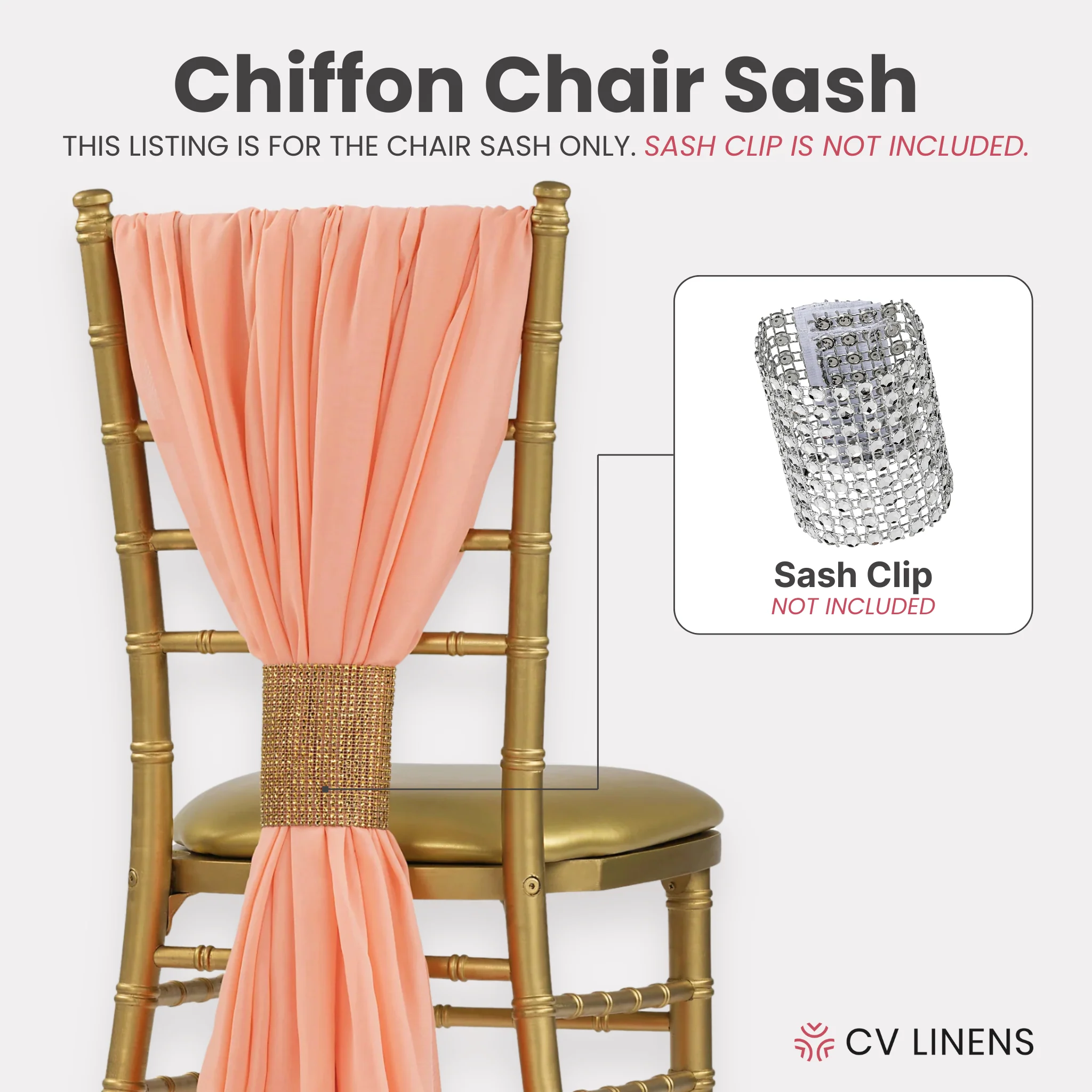 5pcs Pack of Chiffon Chair Sashes/Ties 19" x 72" - Coral - Image 3