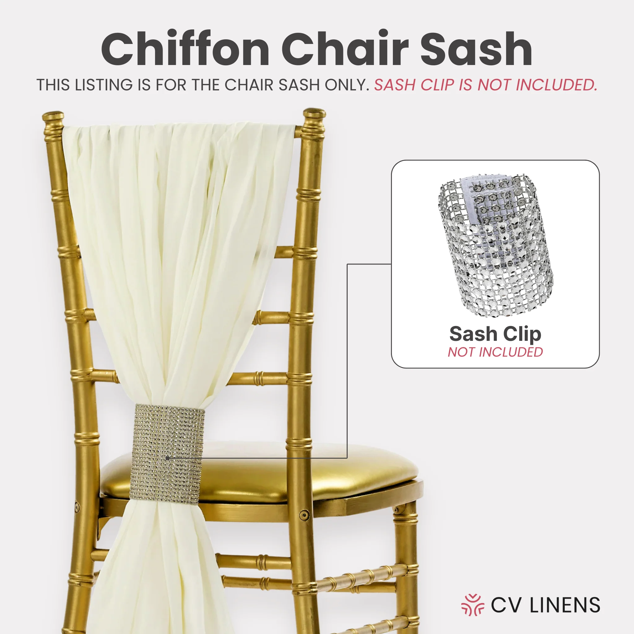5pcs Pack of Chiffon Chair Sashes/Ties 19" x 72" - Ivory - Image 3
